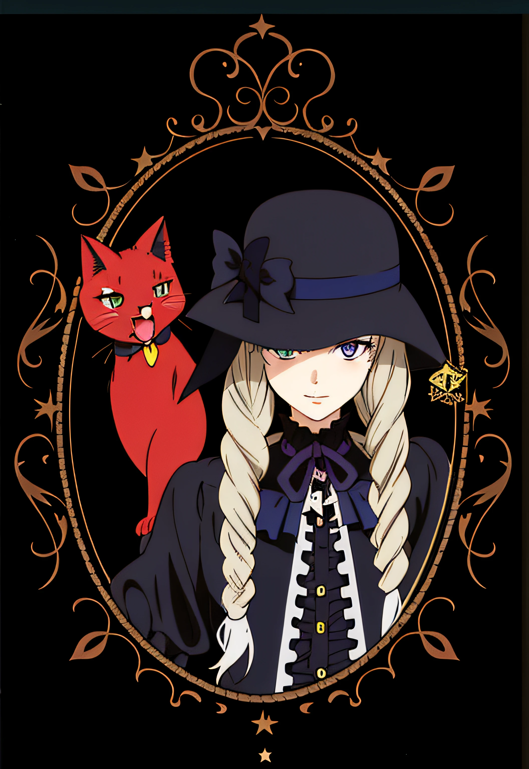Hay una foto de una mujer con un gato en un marco, inspirado por Li Chevalier, Portrait of a Gothic Catgirl, Anime Catgirl, Neferpitou, Hecho con Anime Painter Studio, 1 7 - - old me goth girl, por Kamisaka Sekka, gato negro, Catgirl, gato - como ojos escarlata