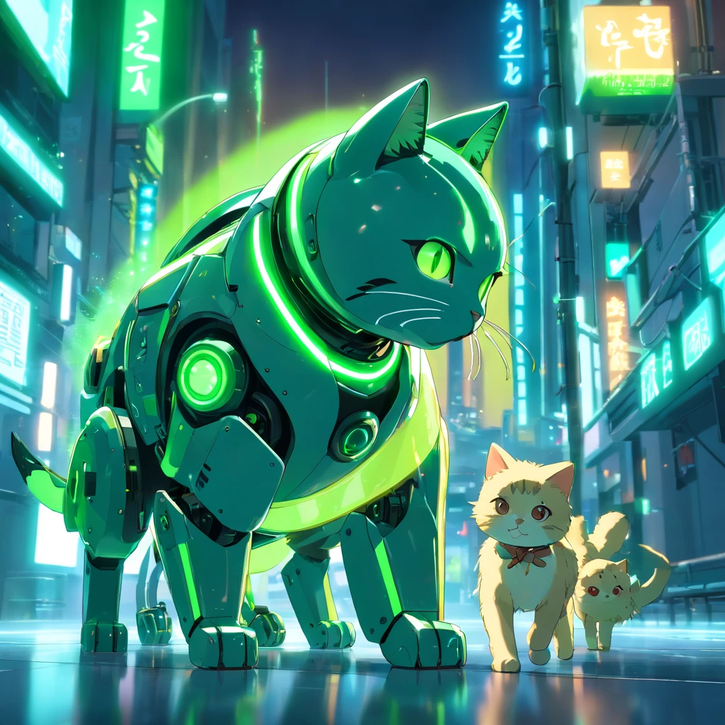robotic cat, (Blind Box Toy Style:1.2), (FULL BODYSHOT) , green and black colors, 1 transparent girl,Behind him is a cute transparent robot cat, Mechanical Transparent, Exquisite helmet:1.2, Glasses:1.2, Cyberpunk, Dreamy glow, bright neon lights, ren, white background, ( globalillumination, Streak Trace, nffsw, Unreal Render,Reasonable design, high detal, Master Parts, Best Quality, Hyper Hi-Vision, Cinematic lighting)
