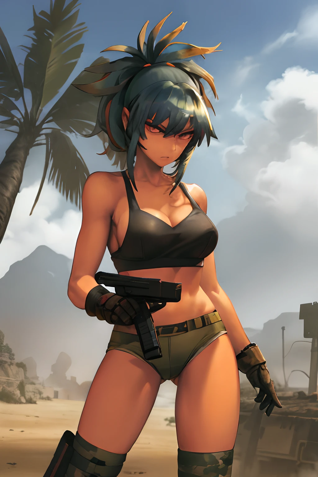 bra and panty, serious, dominant, seductive, sexy, military, desert. Cammo, Tactical. Armor, Sun, hot, guerrilla, tropical, sleeveless.