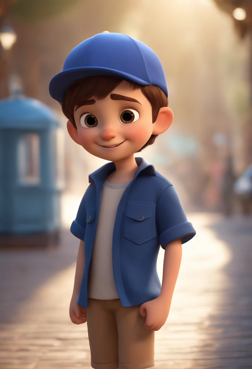 A happy cute boy standing short hair with dark blue cap , vestindo uma camisa azul , , fundo branco, barnet, Tom, Estilo Pixar, ........3d, desenhos animados, rosto detalhado, asymmetrical 16k
