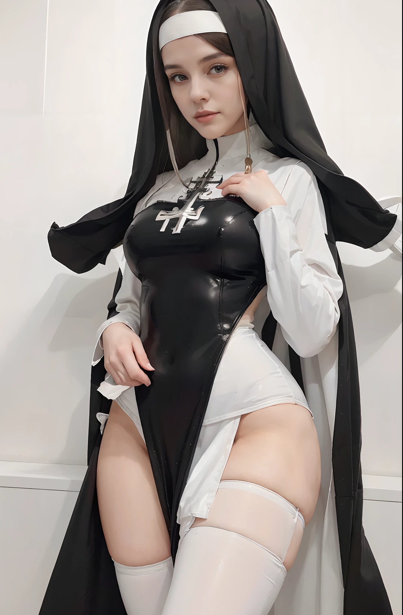 1girl nun solo, nun fashion model, nun fashion model , nun outfit, nun, majestic saint woman, mistress, black-white skintight robes, in realistic style