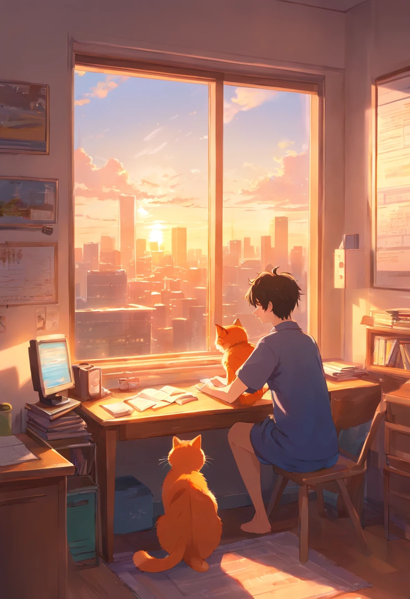 Best quality,4K,8K,A high resolution,masutepiece:1.2)，Boy back，Study desk，The boy is lying on his desk doing his homework，The setting sun shone through the window on the boy，Wearing star short-sleeved pajamas，Clocks hang on the walls，Next to the boy was a small orange cat sleeping on his stomach，The warm，Happy，