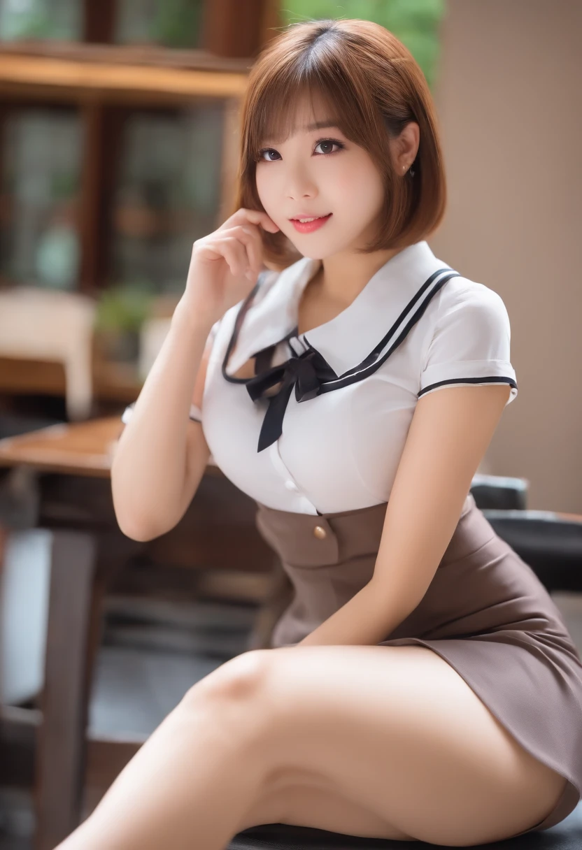 highest quality, masterpiece, High resolution, Photorealistic, RAW Photos, 8k wallpaper, perfection, Professional and bright lighting, Very detailed,(Big Breasts),(Tight waist),(Thin and beautiful legs), whole body, ((View your viewers)), Detailed face, Beautiful Eyes,smile,Braid,Anna Miller ,waitress,Name tag,Sleeveless buttoned and collared shirt,High Waist Skirt,Red suspender skirt elegant pose,Sit on a chair in a cafe,I have a book