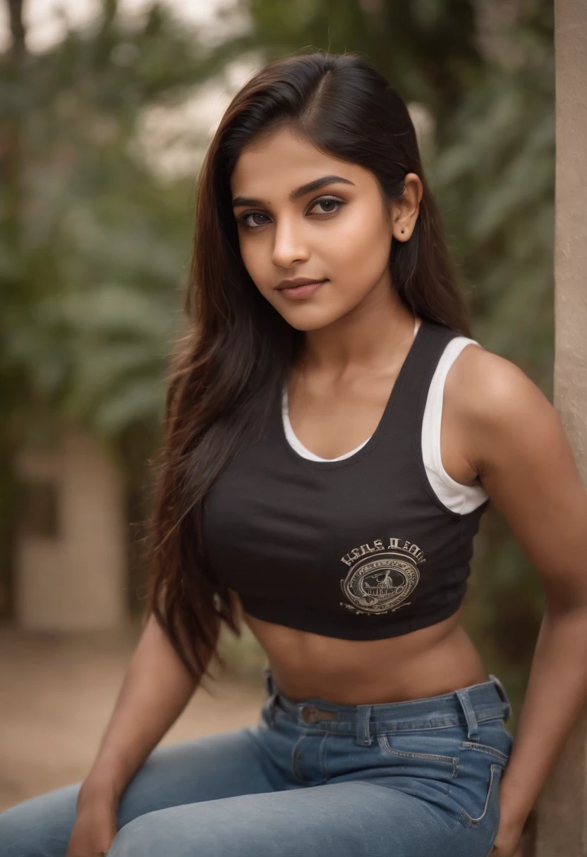 Indian girl in abs in school black sports prited t shirt wear jeans have a tattoo on abs  beautiful