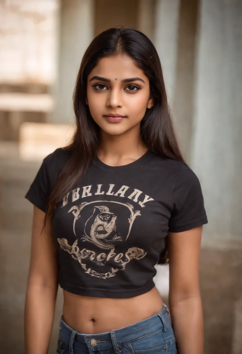 Indian girl in abs in school black sports prited t shirt wear jeans have a tattoo on abs beautiful