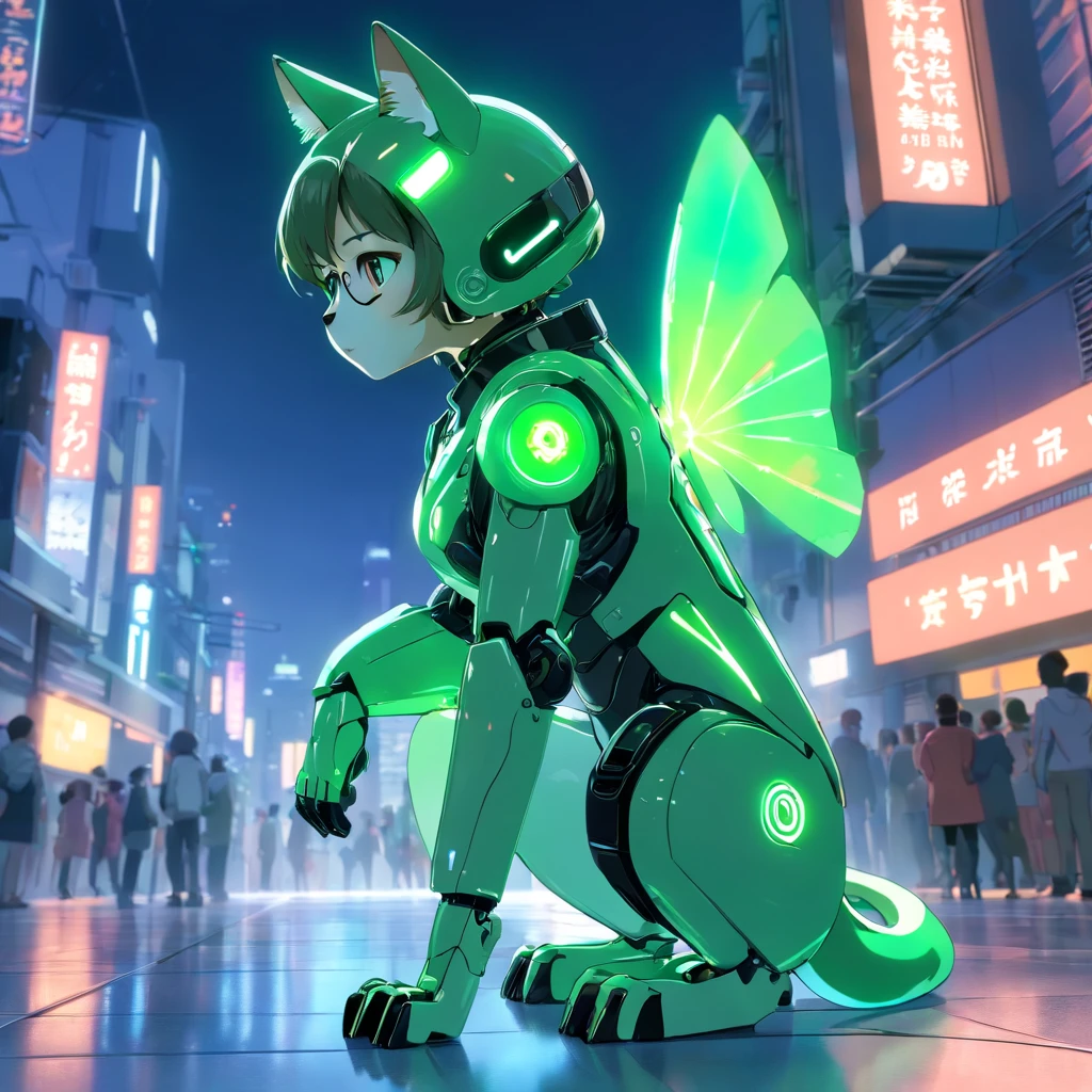 robotic cat, Error message, (Blind Box Toy Style:1.2), (FULL BODYSHOT) , green and black colors, 1 transparent girl,Behind him is a cute transparent robot cat, Mechanical Transparent, Exquisite helmet:1.2, Glasses:1.2, Cyberpunk, Dreamy glow, bright neon lights, ren, white background, ( globalillumination, Streak Trace, nffsw, Unreal Render,Reasonable design, high detal, Master Parts, Best Quality, Hyper Hi-Vision, Cinematic lighting)