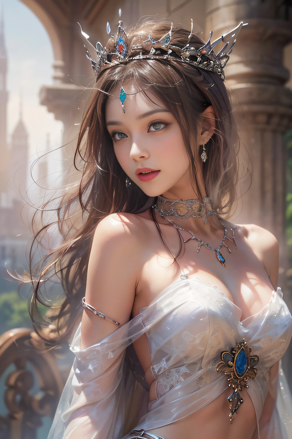 ((tmasterpiece:1.4)、(top-quality:1.4)、(reallistic:1.7))、By Luis Royo（By Luis Royo）Surreal portrait of a beautiful girl、Super beautiful girl、((1girl in:1.4))、Shiny natural skin texture、(The Queen's Gorgeous Costume)、((Sheer off-the-shoulder white one-piece mini skirt type:1.4))、((up skirt)),Authors：By Luis Royo（By Luis Royo）、age19、(Two arms:1.4、Two legs:1.4)、(perfect anatomia:1.4)、(Perfect female body:1.4)、Portrait photo of a girl、Close-up photos、Upper body photography、Fantasyart、Soft front light、Beautiful expression、kawaii faces、Beautiful udder、large full breasts:1.2、Beautiful ass、A detailed eye、Clearly eye-catching, beautiful and alluring、beautidful eyes、Narrow waist、Raw photo、red rip、Arrange your long hair as cool as a queen、(tiara crown:1.4、choker necklace:1.4、a necklace:1.4、耳Nipple Ring:1.4)、1 screen display、((In front of the city walls、Woman standing in front of bench)),((Translucent off-shoulder white dress))、((A smile)),((posterior view))、((Looks Back))、((White T-back panties visible)),((erection)),