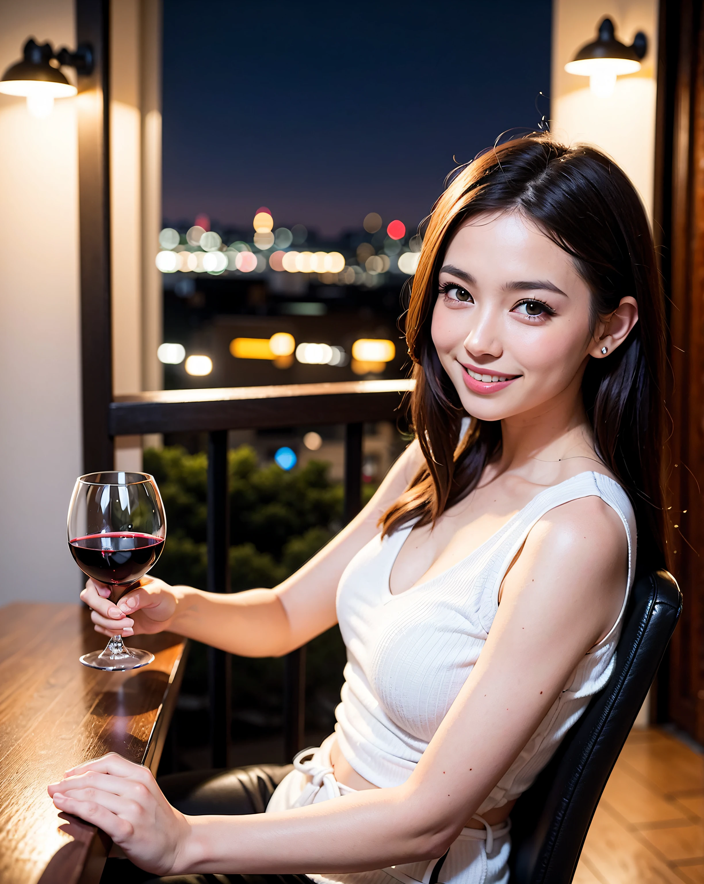 (64K, UHD, top quality, masterpiece: 1.2), (realistic, photorealistic: 1.37), super detailed, pretty woman 1 person, (slim face), (slim body), (brown hair), (short cut), cheeks slightly blushing, (35 years old), 38 years old, solo, beautiful detailed urban night view outside the window, restaurant, wine glasses sit, at night, in a prominent place (from the waist up) NovaFrogStyle, Actress, Model, Waist Up, White Wine, Slim, Wine Glass, Super Clean Night View, Wine Glass Put in the Middle, Happy Smile, (Smile: 1.15), Beautiful Fine Eyes, Upper Body, Bust Japan Up, Night, Short, Short, Actress, Model, Waist Up, White Wine, Slim, Wine Glass, Super Clean Night View, Wine Glass Put in the Middle, Happy Smile,