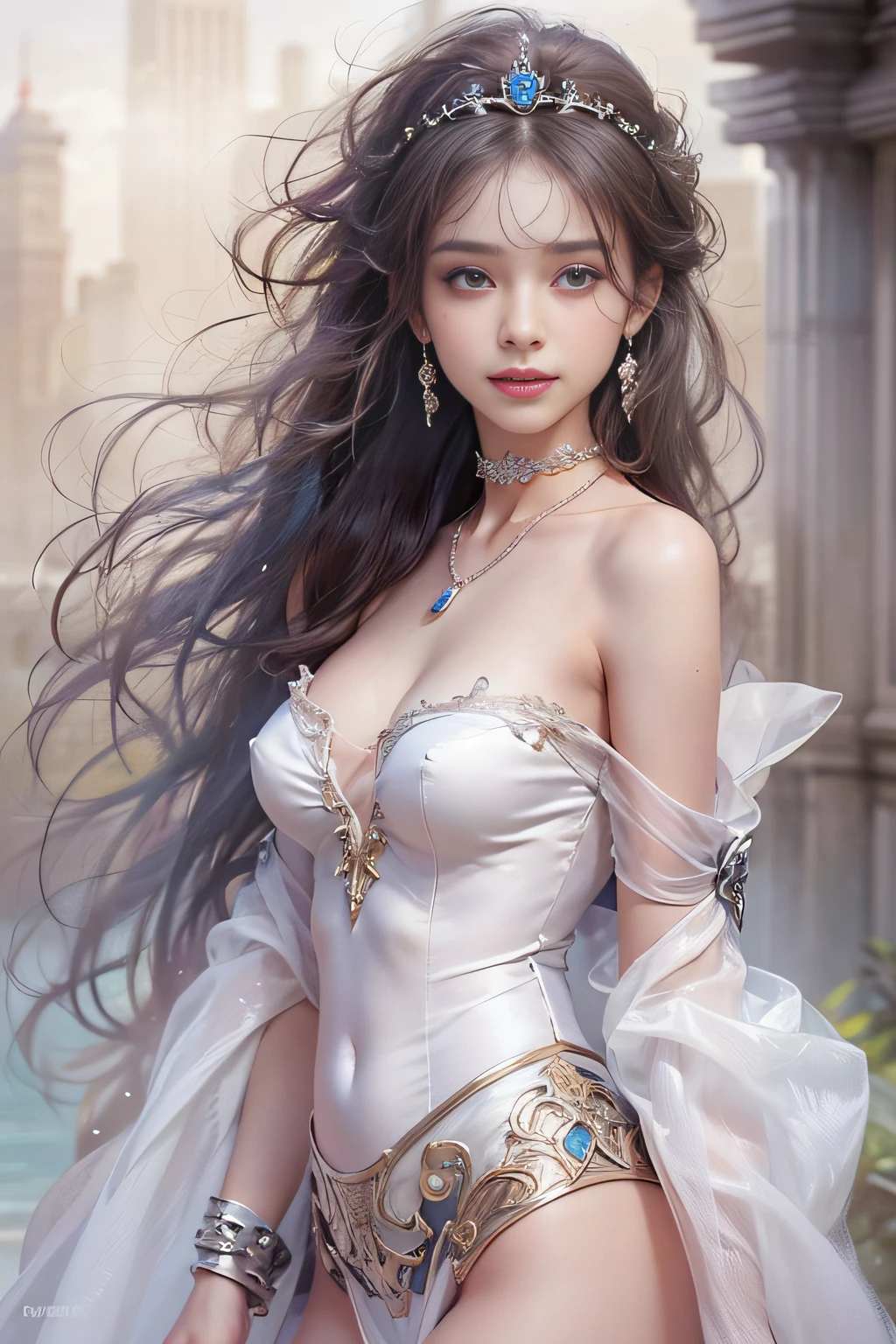 ((tmasterpiece:1.4)、(top-quality:1.4)、(reallistic:1.7))、By Luis Royo（By Luis Royo）Surreal portrait of a beautiful girl、Super beautiful girl、((1girl in:1.4))、Shiny natural skin texture、(The Queen's Gorgeous Costume)、((Sheer off-the-shoulder white one-piece mini skirt type:1.4))、((up skirt)),Authors：By Luis Royo（By Luis Royo）、age19、(Two arms:1.4、Two legs:1.4)、(perfect anatomia:1.4)、(Perfect female body:1.4)、Portrait photo of a girl、Close-up photos、Upper body photography、Fantasyart、Soft front light、Beautiful expression、kawaii faces、Beautiful udder、large full breasts:1.2、Beautiful ass、A detailed eye、Clearly eye-catching, beautiful and alluring、beautidful eyes、Narrow waist、Raw photo、red rip、Arrange your long hair as cool as a queen、(tiara crown:1.4、choker necklace:1.4、a necklace:1.4、耳Nipple Ring:1.4)、1 screen display、((In front of the city walls、Woman standing in front of bench)),((Translucent off-shoulder white dress))、((A smile)),((posterior view))、((Looks Back))、((White T-back panties visible)),((erection)),