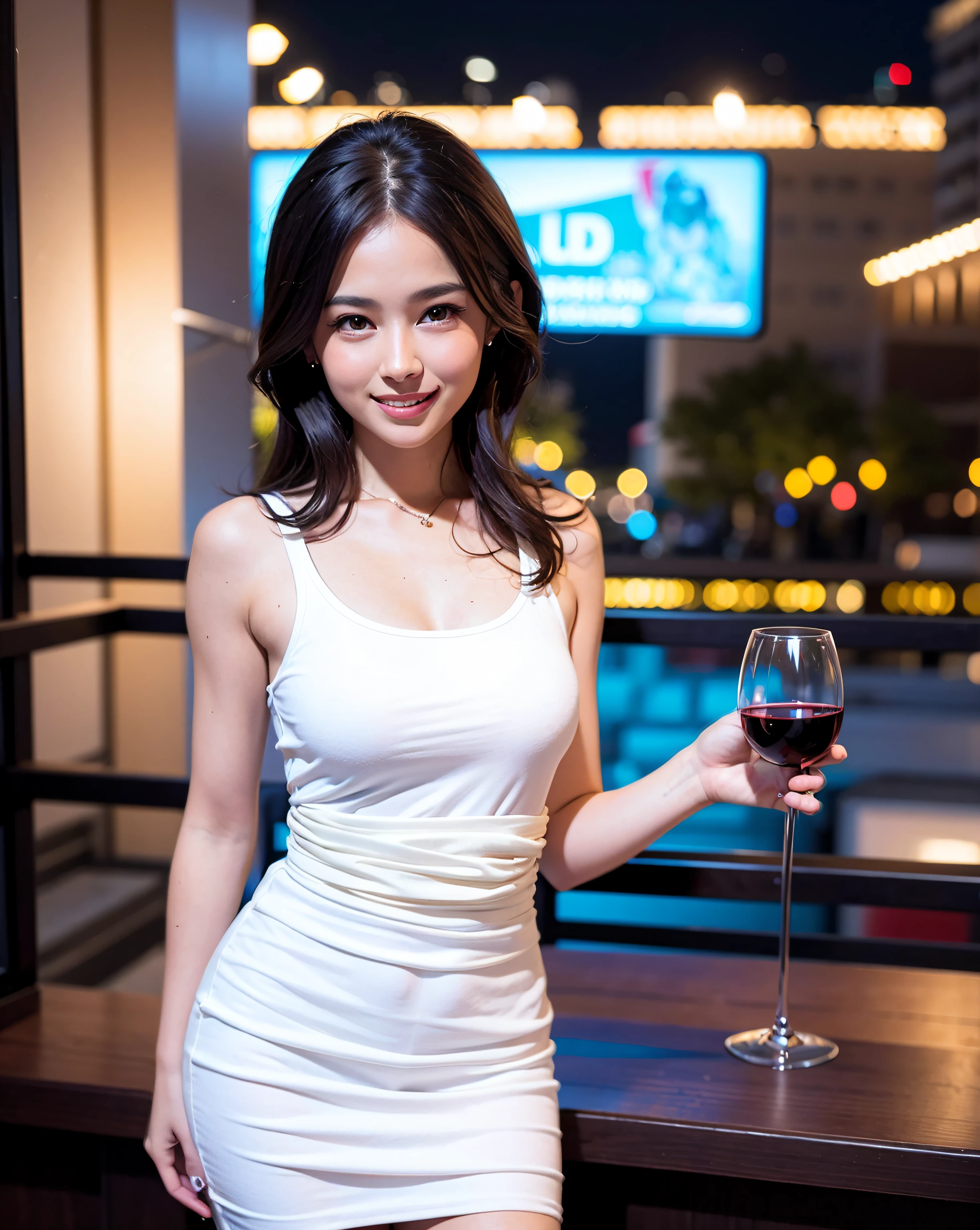 (64K, UHD, top quality, masterpiece: 1.2), (realistic, photorealistic: 1.37), super detailed, pretty woman 1 person, (slim face), (slim body), (brown hair), (short cut), cheeks slightly blushing, (35 years old), 38 years old, solo, beautiful detailed urban night view outside the window, restaurant, wine glasses sit, at night, in a prominent place (from the waist up) NovaFrogStyle, Actress, Model, Waist Up, White Wine, Slim, Wine Glass, Super Clean Night View, Wine Glass Put in the Middle, Happy Smile, (Smile: 1.15), Beautiful Fine Eyes, Upper Body, Bust Japan Up, Night, Short, Short, Actress, Model, Waist Up, White Wine, Slim, Wine Glass, Super Clean Night View, Wine Glass Put in the Middle, Happy Smile,