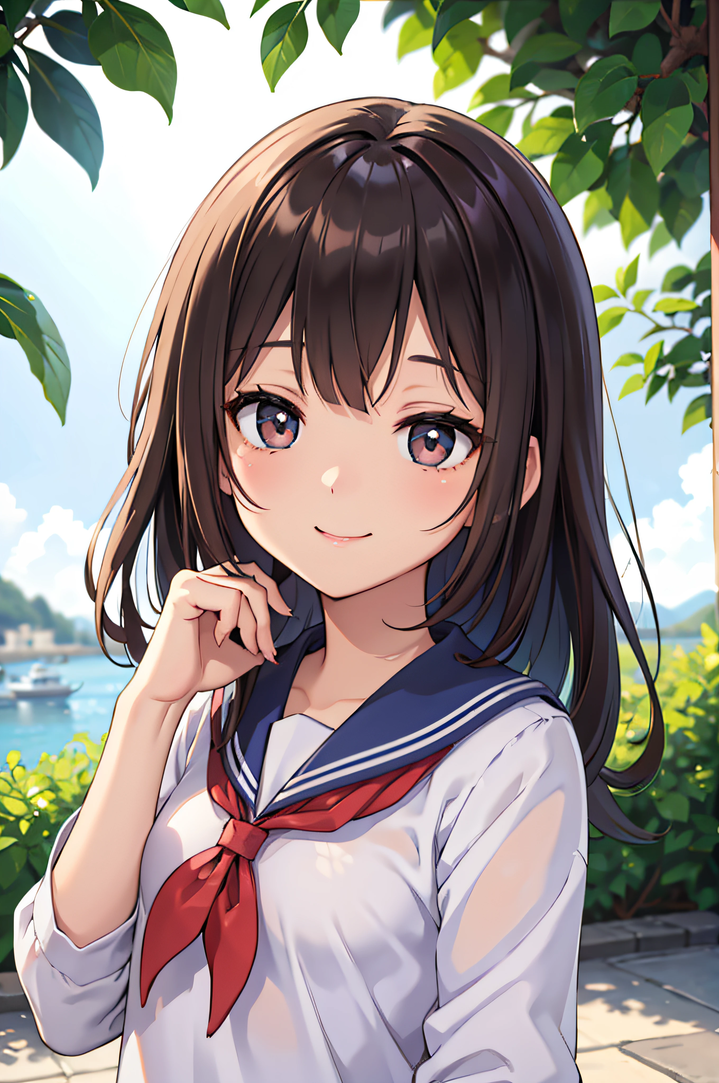 、brown haired、beautidful eyes、real looking skin、hi-school girl、a sailor suit、small tits、(8K、​masterpiece)、(reallistic、Photorealsitic)、top-quality、ighly detailed、The ultra-detailliert、Beautie、cute little、japanes、Idol、a smile、Close-up portrait、Healthy face