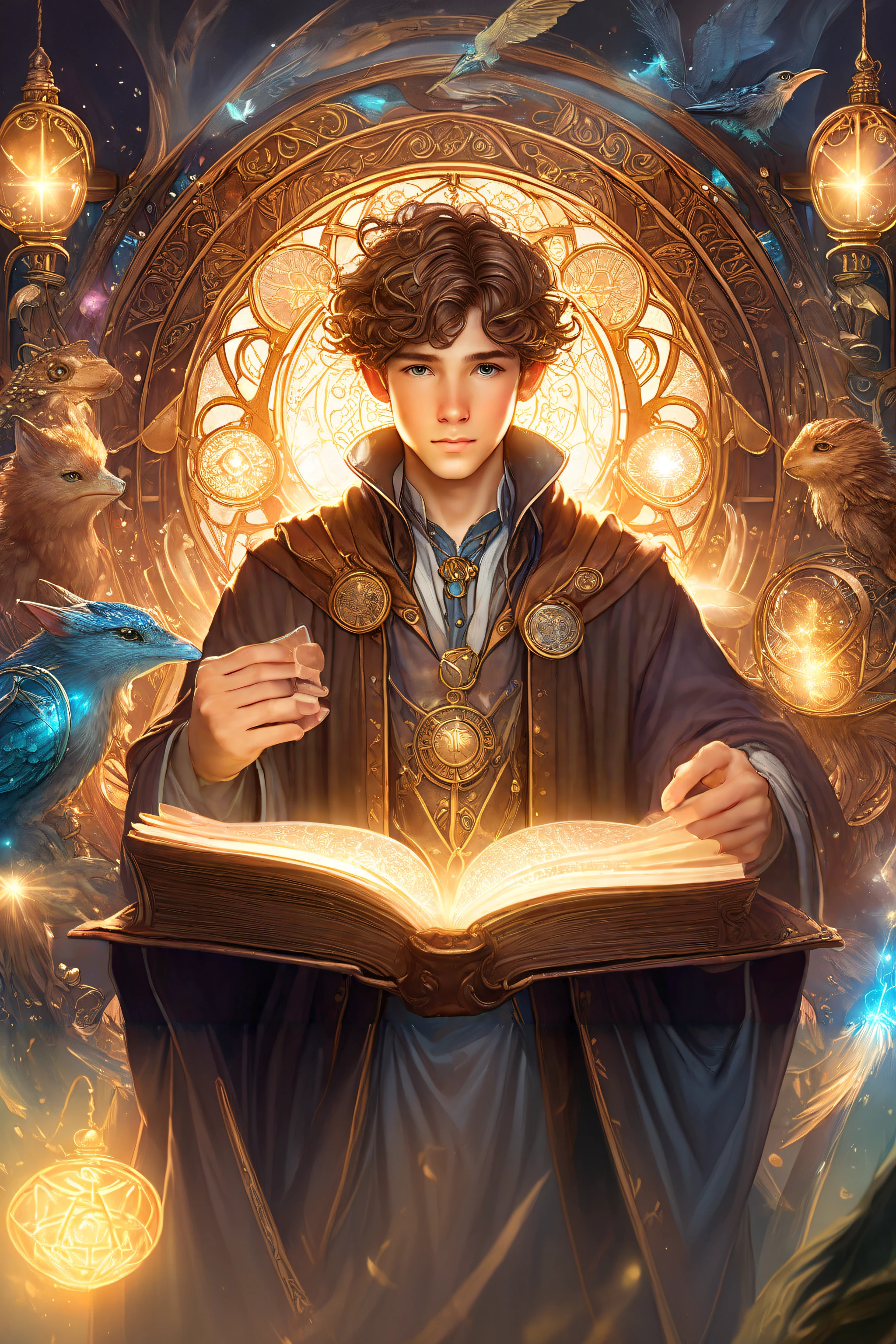 there is a man holding a book and a bird in front of him, fantasy book illustration, portrait of a young elf wizard, fantasy rpg book illustration, fantasy rpg symmetrical portrait, fantasy art behance, young wizard, fantasy genre portrait, fantasy book cover painting, rpg book portrait, young adult fantasy novel cover, tolkien and michael komarck, realistic fantasy illustration
