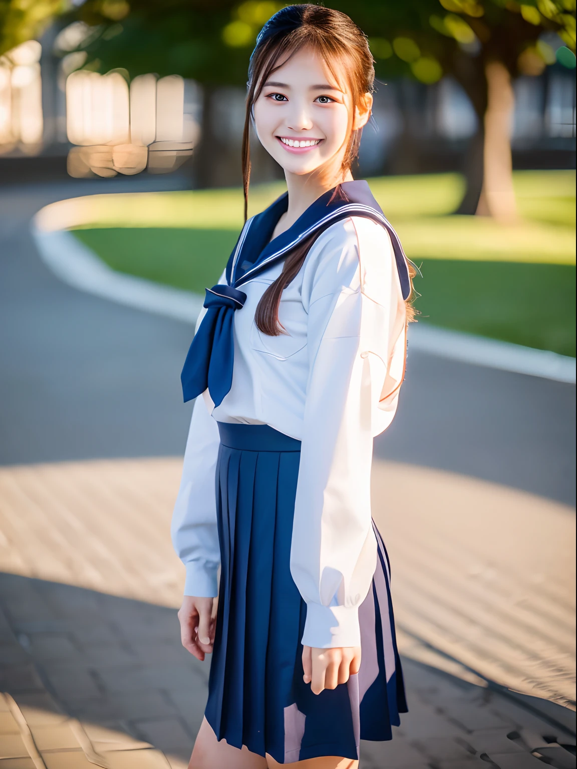 master piece,8k,(master piece,photorealistic:1.5),(master piece,ultra high resolution:1.5),(master piece,best quality,ultra detailed:1.5),
beautiful girl,full body,light smile,sailor uniform,school,