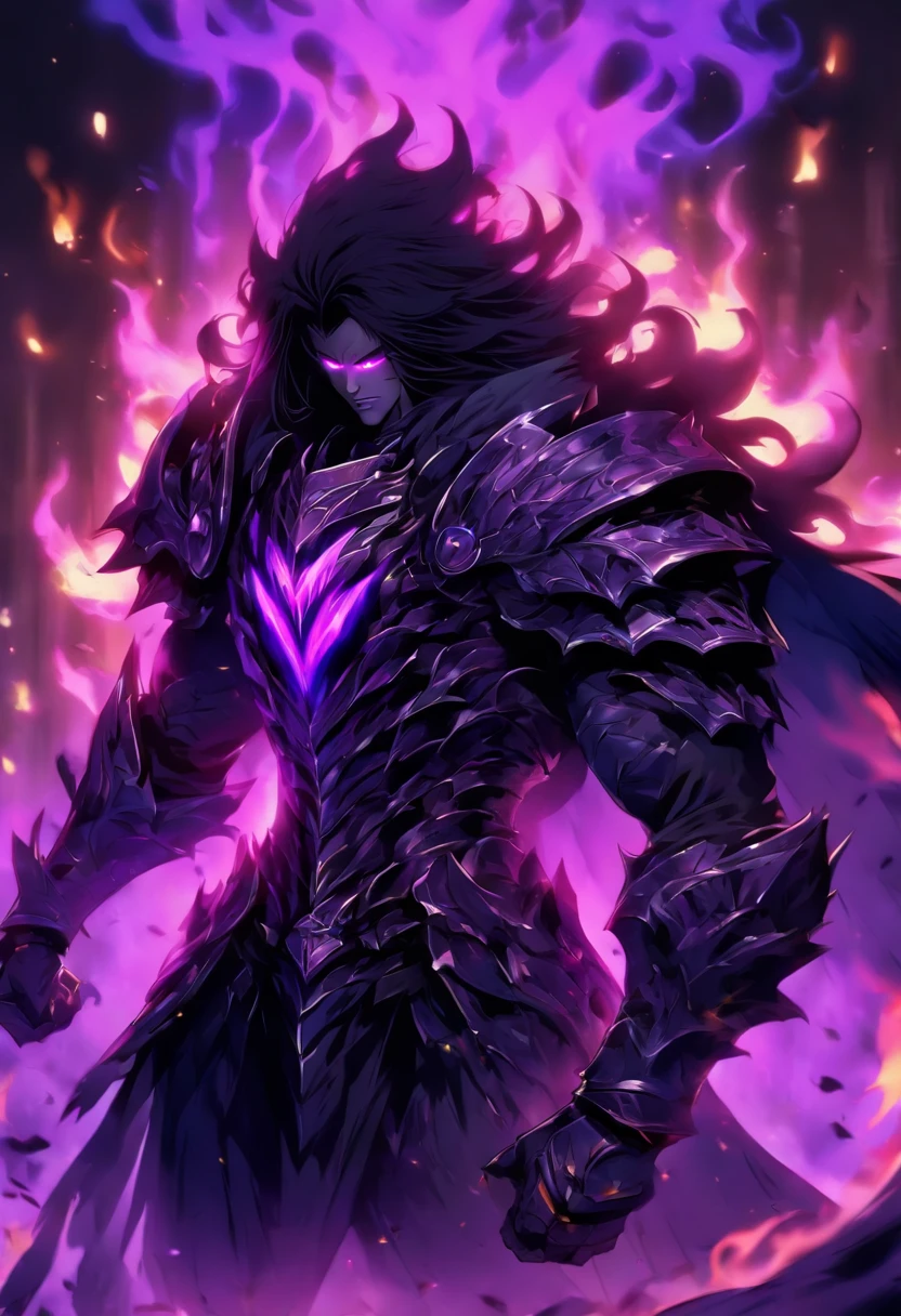 Male anime character with long black hair and purple eyes, Character Album Cover, full art, fantasy character, full art illustration, full portrait of elementalist, character profile art, official character art, official character illustration, merlin, high detailed official artwork, Game Keys, otzi, Mobile game art, Mean face, Thorny dark armor, walking pose, Purple flames, Dark castle on background, Full body armor, Dark Knight