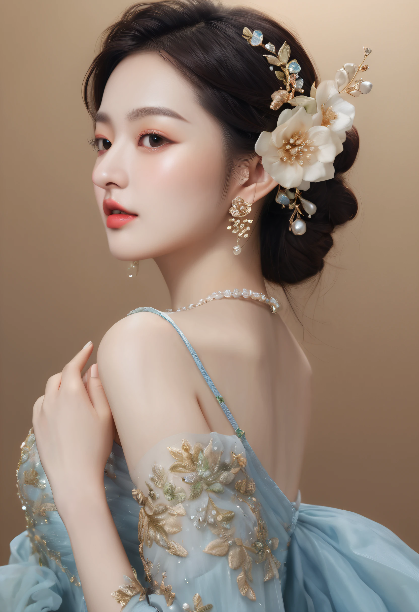 (Best quality,8K,A high resolution,Masterpiece:1.2),Ultra-detailed,(Realistic,Photorealistic,photo-realistic:1.37),Portrait,Creative style artwork,Historical,classical,Sophisticated,plethora of colors,Highly detailed,Soft lighting,luxurious environment,detailed gown,Vibrant flowers,detailed jewellery,Ethereal atmosphere,Elegant Pose,Graceful curves,Gold body proportions，Flowing hair,Breathtaking textile patterns,blue colors，green color,Delicate floral decoration,A dazzling array of crystal accessories,Mysterious and dreamy atmosphere,Impeccable attention to detail.