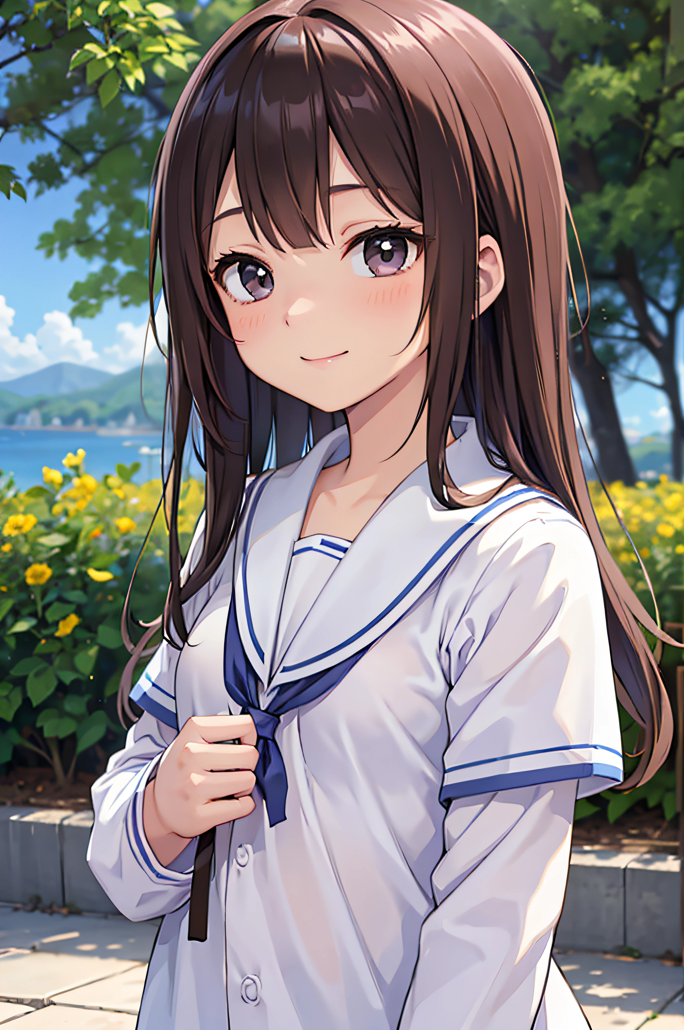 **** student、brown haired、beautidful eyes、real looking skin、hi-school girl、a sailor suit、small tits、(8K、​masterpiece)、(reallistic、Photorealsitic)、top-quality、ighly detailed、The ultra-detailliert、Beautie、cute little、japanes、Idol、a smile、Close-up portrait、Healthy face