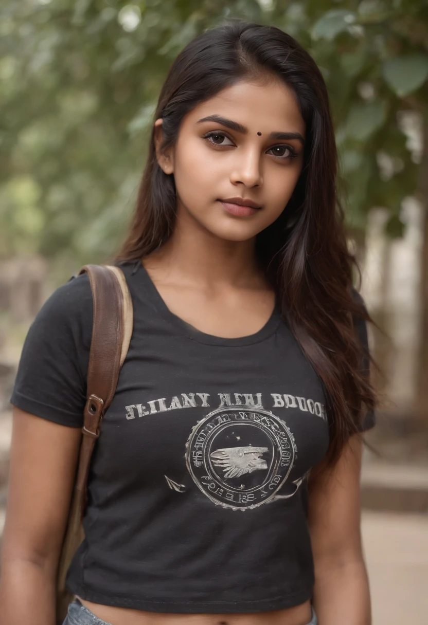 Indian girl in abs in school black sports prited t shirt wear jeans shorts have a tattoo on abs 15 years old beautiful