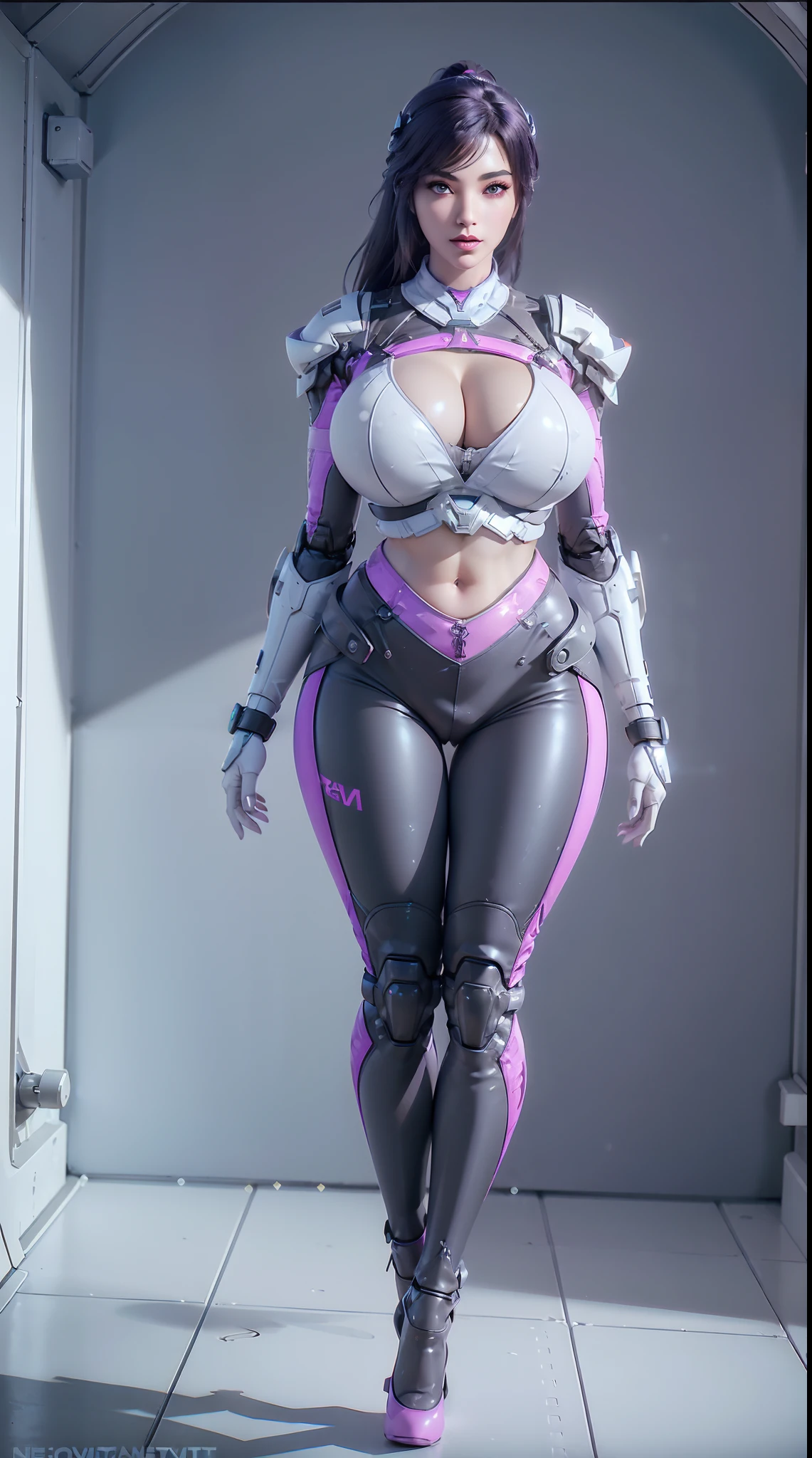 (NSWF:1.7), (1GIRL,SOLO:2), (super detailed face), ((BIG BUTTOCKS, HUGE BREASTS:1.5)), (CLEAVAGE TOP:1.5), (MUSCLE ABS FEMALE:1.4), (MECHA GUARD ARM:1.4), ((WEAR MAGENTA WHITE OVERWATCH MECHANICAL ARMOR CROPTOP, BLACK MECHANICAL SKINTIGHT SUIT PANTS, MECHA GUARD ARMOR LEGS, HIGH HEELS:1.5)), (MUSCULAR BODY:1.3), (GLOSSY SKIN:0.8), (SEXY LONG LEGS, FULL BODY:1.1), (LOOKING AT VIEWER:1.3), (female focus:0.886), (WALKING DOWN HALLWAY OF FUTURISTIC SPACE STATION:1), (BRIGHT LIGHT WHITE_ROOM:1.3), SUPER TEXTURE, UNREAL ENGINE RENDER, PHYSICALLY-BASED RENDERING, ULTRA HIGHT DEFINITION, 16K, 1080P.