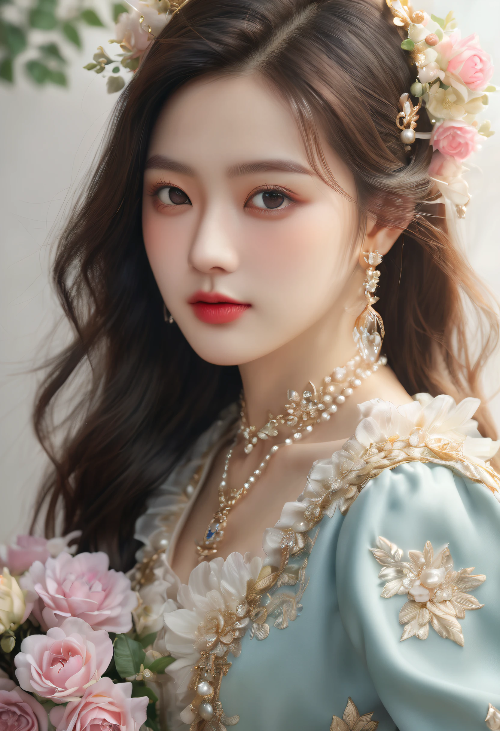 (Best quality,8K,A high resolution,Masterpiece:1.2),Ultra-detailed,(Realistic,Photorealistic,photo-realistic:1.37),Portrait,Creative style artwork,Historical,classical,Sophisticated,plethora of colors,Highly detailed,Soft lighting,luxurious environment,detailed gown,Vibrant flowers,detailed jewellery,Ethereal atmosphere,Elegant Pose,Graceful curves,Gold body proportions,Flowing hair,Breathtaking textile patterns,blue colors,green color,Delicate floral decoration,A dazzling array of crystal accessories,Mysterious and dreamy atmosphere,Impeccable attention to detail.