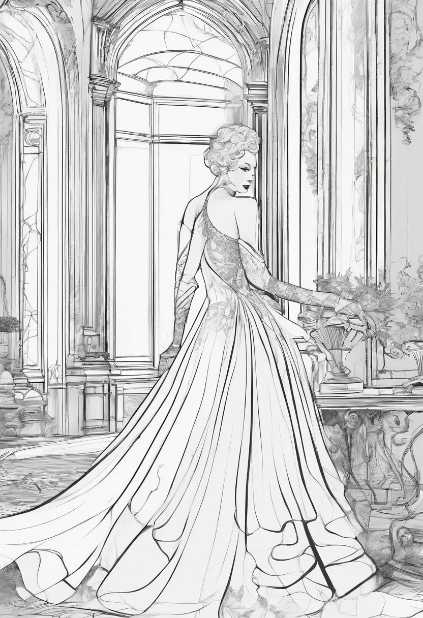 superbe femme, robe longue, 1 girl solo, decor avec chateau renaissance, lineart, black and white, monochrome, avec hachures, style manga, ambiance halloween, prestigieuse femme fatale, beau visage, details