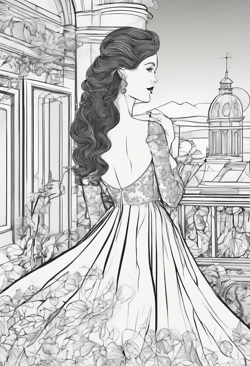 superbe femme, robe longue, 1 girl solo, decor avec chateau renaissance, lineart, black and white, monochrome, avec hachures, style manga, ambiance halloween, prestigieuse femme fatale, beau visage, details