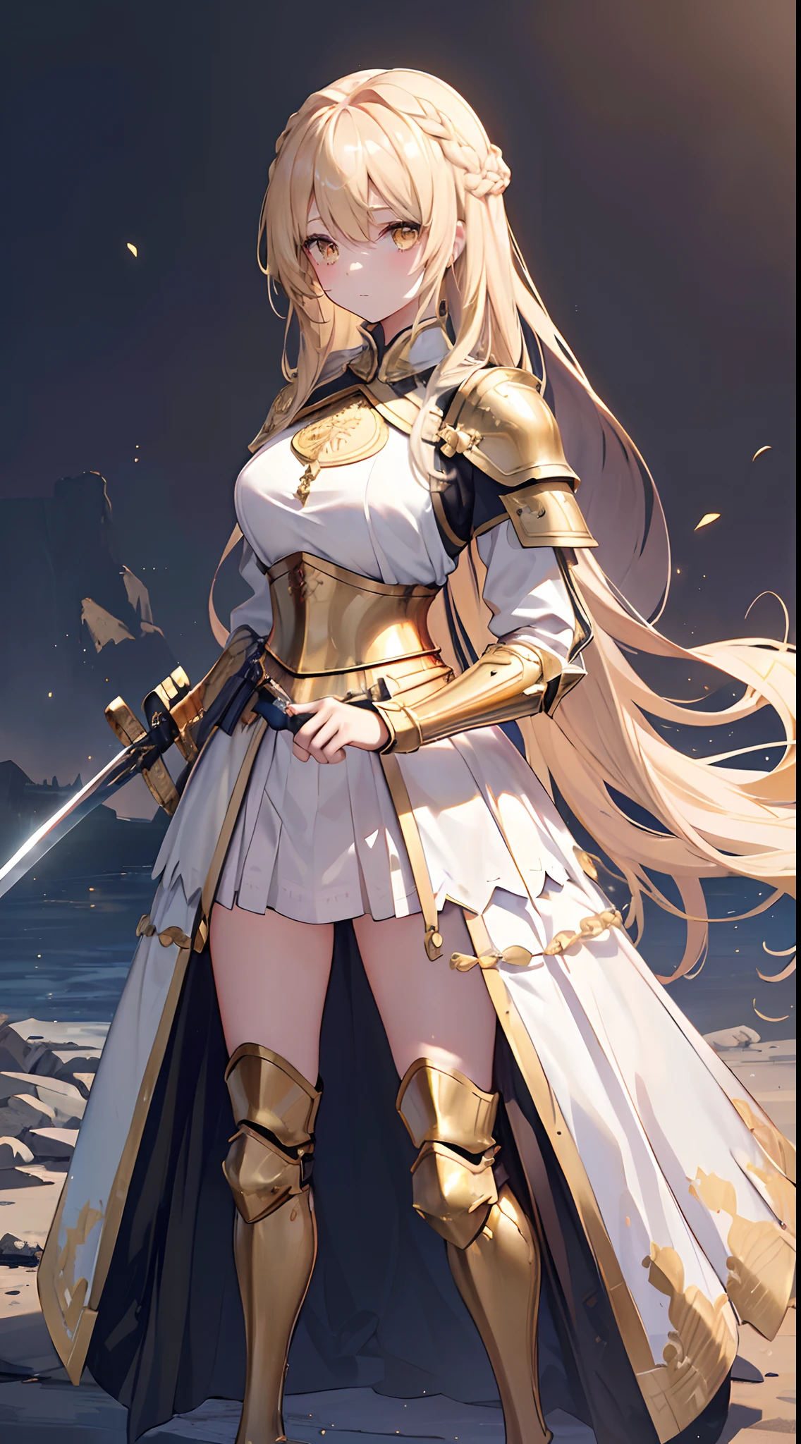 Solo,Absurd resolution、hight resolution、(masterpiece:1.4)、ultra-detailliert、(Detailed finger),(One girl)、Beautiful detailed girl、A detailed face、clear and beautiful, Character as the main point of view, Radiant skin, Girls, femele, 年轻, ((Golden hair))、(Beautiful shape),(twinks),(bionde)、(a blond),(length hair)、(Hair intake:1.6),(Hair intake:1.5),(Golden Eyes:1.5),kawaii、beautiful countenance、beautidful eyes,((Knights))、Fantasy costume,Original Character,((Wearing armor))、((Heavy armor、breastplates)),(Hold Sword:1.5),((Costumes of medieval Europe)),,(Colossal tits:0.9), (Facing:1.2),(Full body portrait),(Standing:1.3),((white backgrounid:1.4))