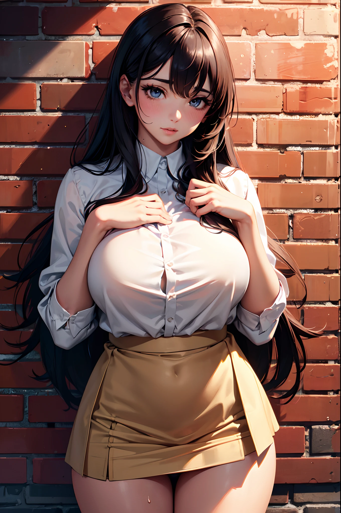 (High quality,High resolution,Fine details,Realistic),(((up skirt))),(((Panty shot))),solo,Adult Woman,sparkling eyes,blush,Large breasts,Sweat,Oily skin,beautiful detailed eyes,beautiful detailed lips,extremely detailed eyes and face,long eyelashes,gorgeous long hair,stylish fashion,standing upright,brick wall background,portrait style,vivid colors,warm color tones,soft and natural lighting