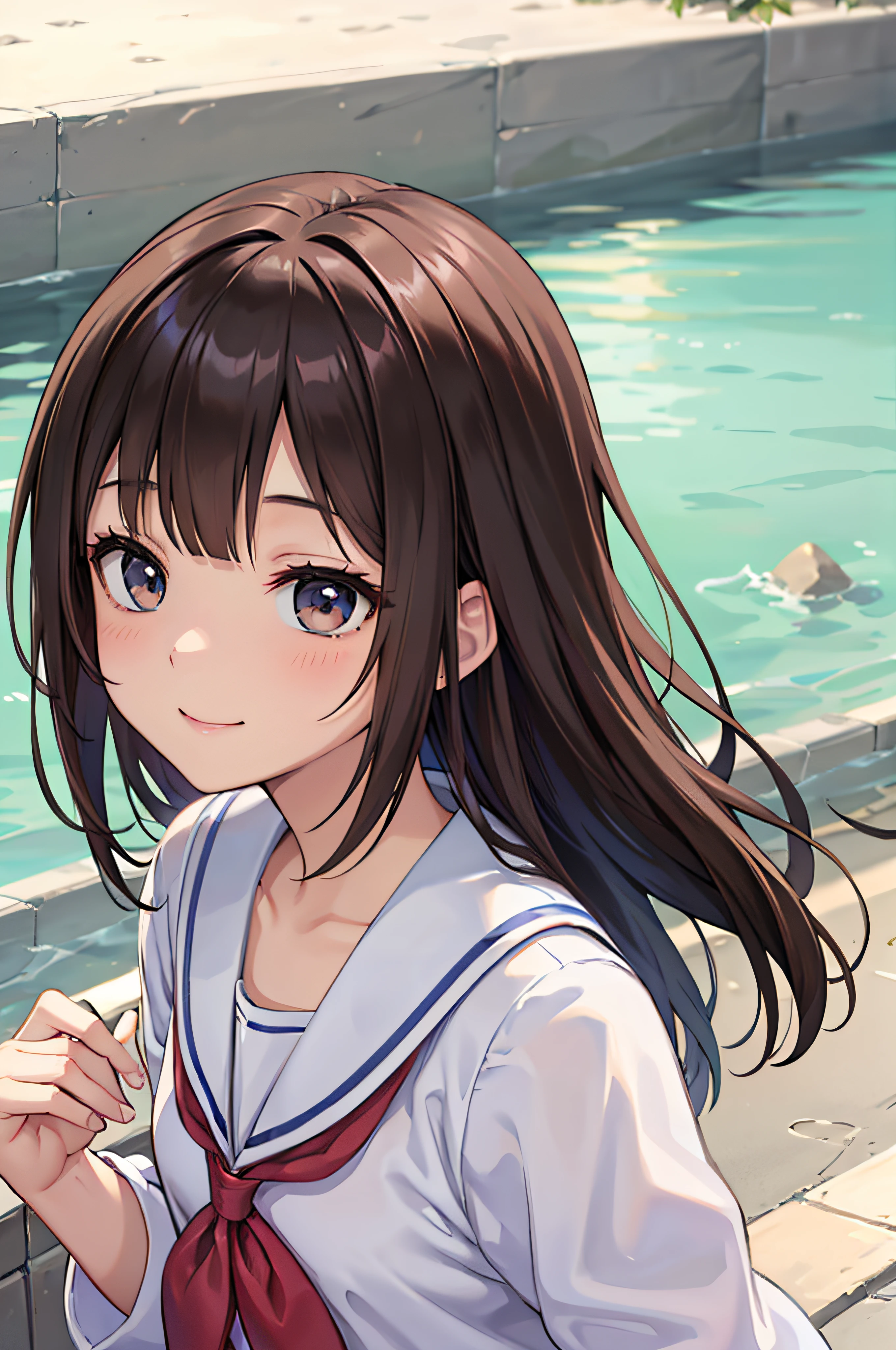 、brown haired、beautidful eyes、real looking skin、hi-school girl、a sailor suit、small tits、(8K、masterpiece)、(reallistic、Photorealsitic)、top-quality、ighly detailed、The ultra-detailliert、Beautie、cute little、japanes、Idol、a smile、Close-up portrait、Healthy face