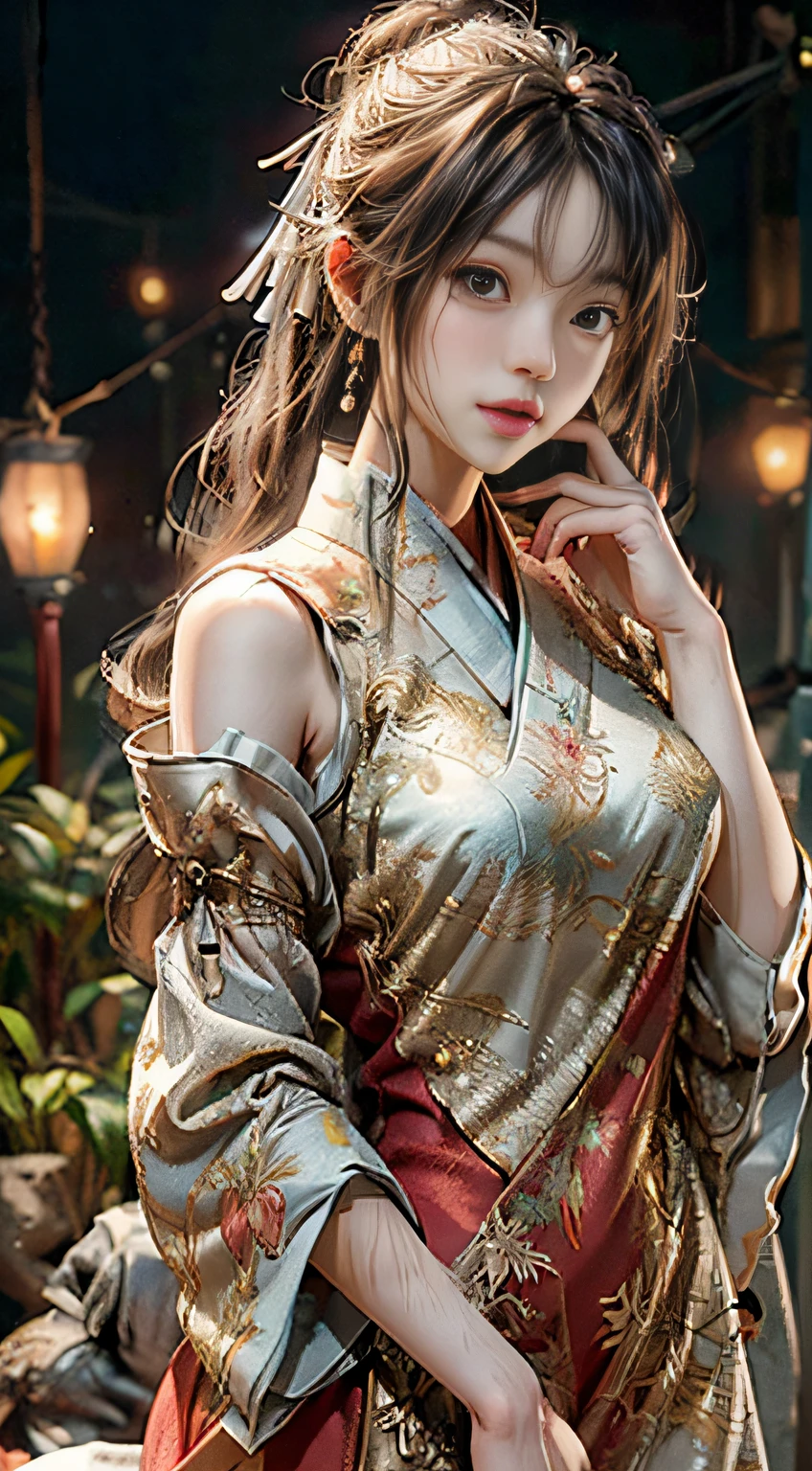 ((best qualtiy)), ((tmasterpiece)), (the detail:1.4), 。.3D, A beautiful cyberpunk female image,hdr(HighDynamicRange),Ray traching,NVIDIA RTX,Hyper-Resolution,Unreal 5,Subsurface scattering、PBR Texture、post-proces、Anisotropy Filtering、depth of fields、maximum definition and sharpness、Many-Layer Textures、Albedo e mapas Speculares、Surface coloring、Accurate simulation of light-material interactions、perfectly proportions、rendering by octane、Two-colored light、largeaperture、Low ISO、White balance、the rule of thirds、8K raw data,(Delicate figure:1.5),Absolutely beautiful,(Milky skin:1.3),exquisitedetails,A high resolution,Wallpapers,1female,独奏,shift dresses,hair adornments,(((Golden and red dress)) ), florals, long whitr hair, A brown-haired, Keep one's mouth shut, trinkets, longer sleeves, Raise Hand, Wide sleeves, Big eyes, Fluttering, Hanfu, Hanfu, Embroidery, long skirt, natural poses, falling flower petals, inside in room, Fanning,Lanterns,16k,hdr,A high resolution,depth of fields,(filmgrain:1.1),Bocoon,prime time,(lens flare glow),Vignette,rainbowing,(Color:1.5)