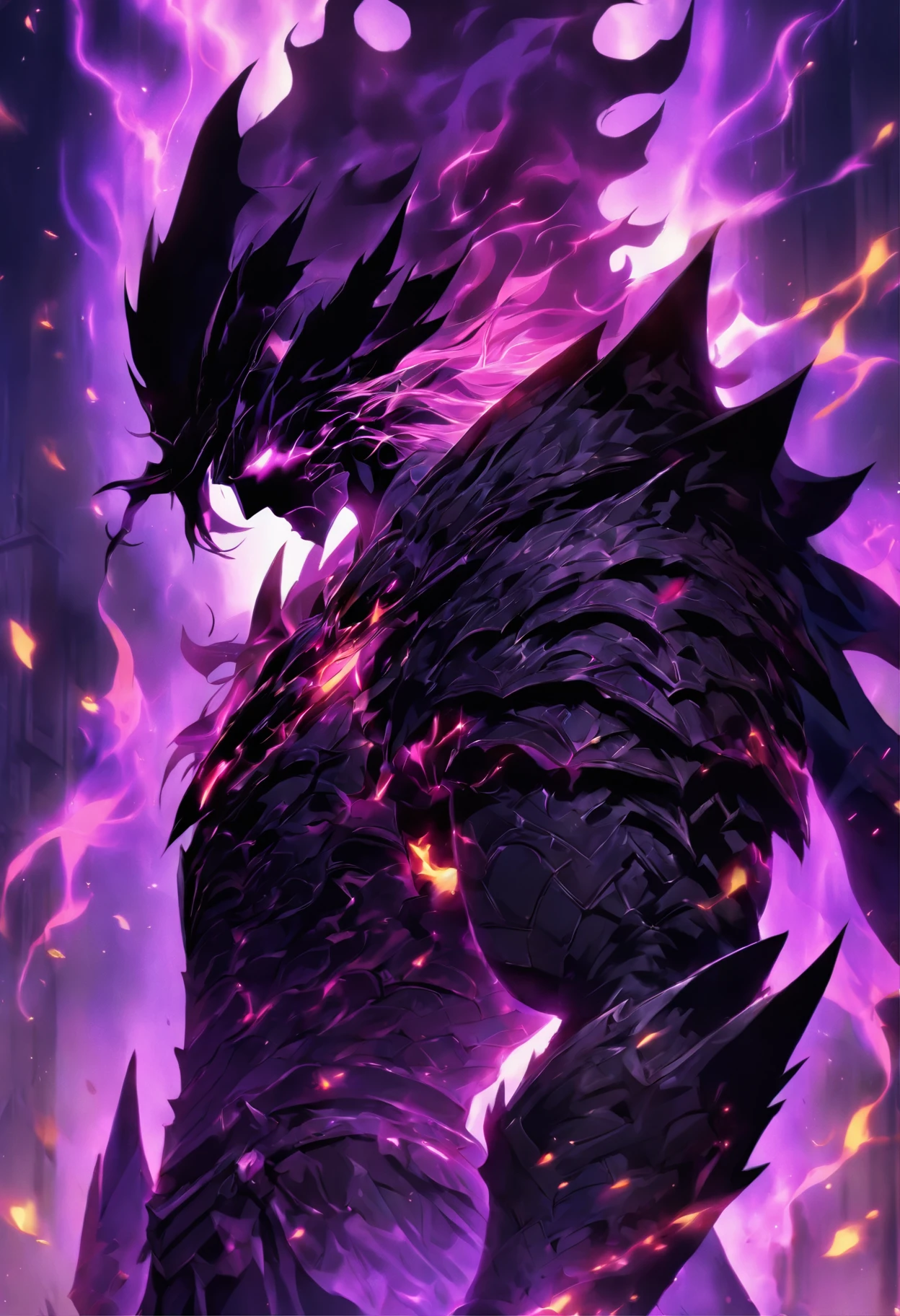 Male anime character with long black hair and purple eyes, Character Album Cover, full art, fantasy character, full art illustration, full portrait of elementalist, character profile art, official character art, official character illustration, merlin, high detailed official artwork, Game Keys, otzi, Mobile game art, Mean face, Thorny dark armor, walking pose, Purple flames, Dark castle on background, Full body armor, Dark Knight