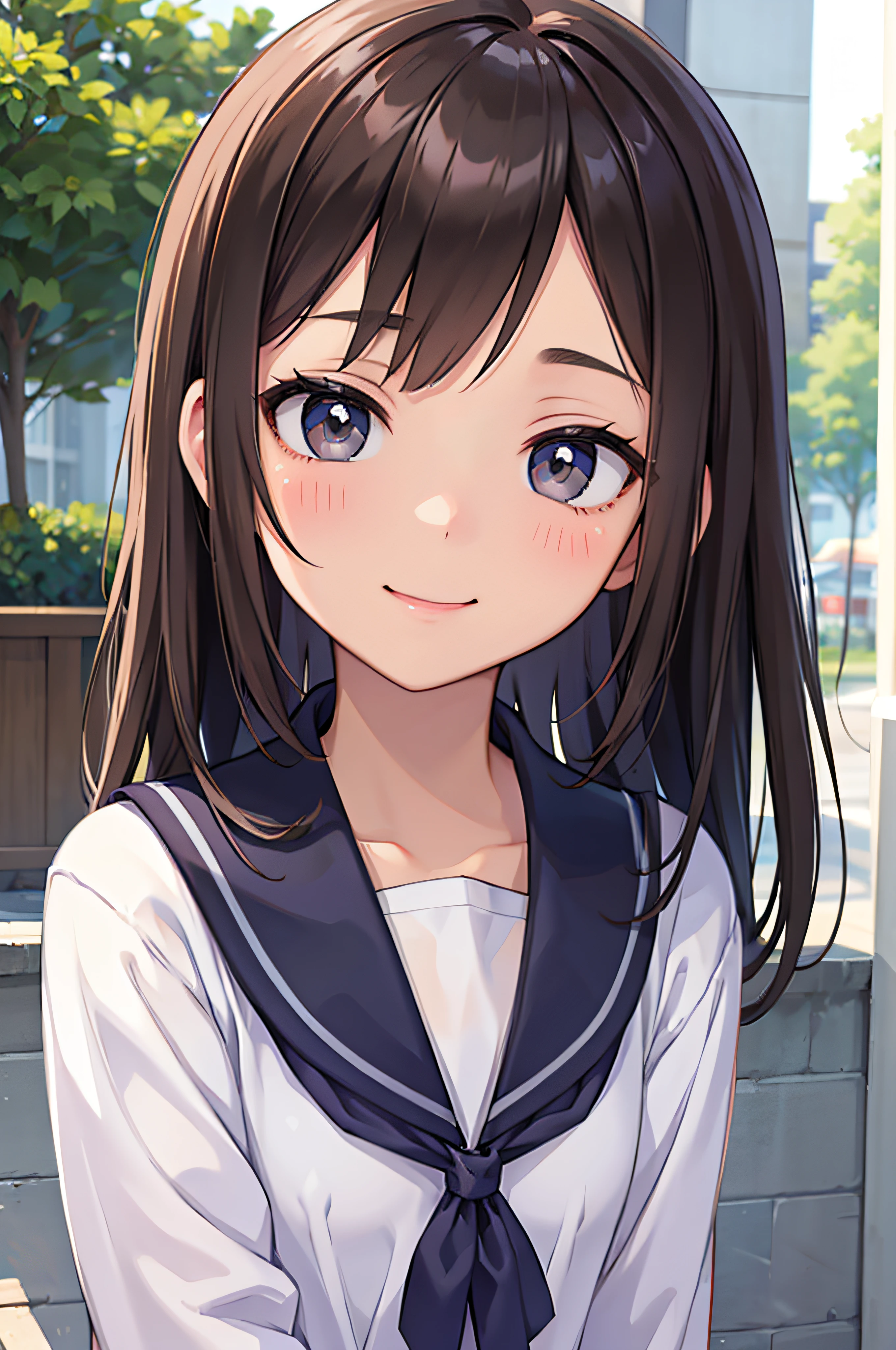 **** student、brown haired、beautidful eyes、real looking skin、hi-school girl、a sailor suit、small tits、(8K、​masterpiece)、(reallistic、Photorealsitic)、top-quality、ighly detailed、The ultra-detailliert、Beautie、cute little、japanes、Idol、a smile、Close-up portrait、Healthy face