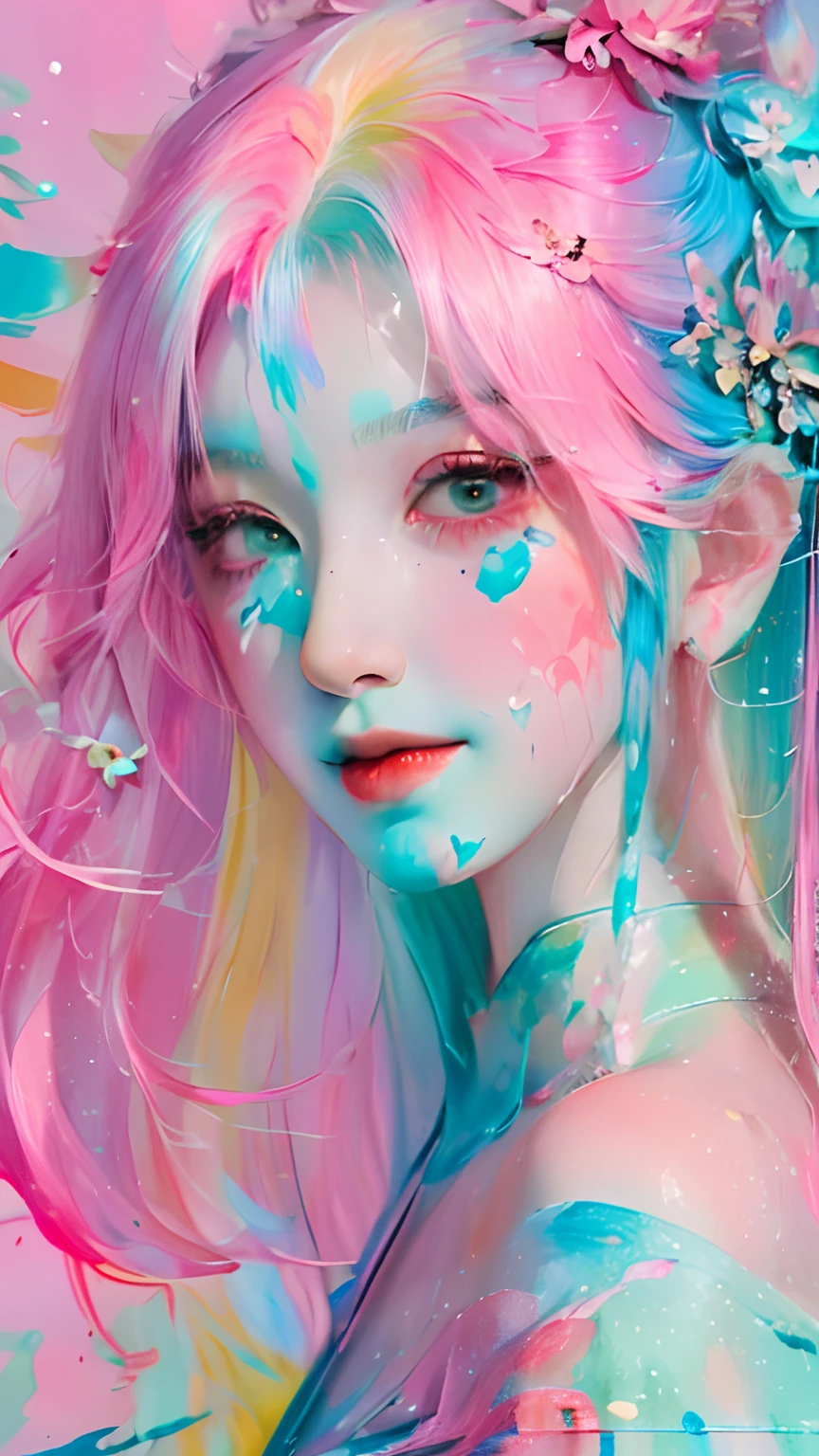 (Masterpiece, Best quality, high resolution), Lotus background, ((paint splatter, colored splashing, Splash of Ink, colored splashing)), ((Sweet Chinese girl, Rainbow hair)), Pink lips, Front, Upper body,Lotus in the background, Lotus flowers in the water,ssmile