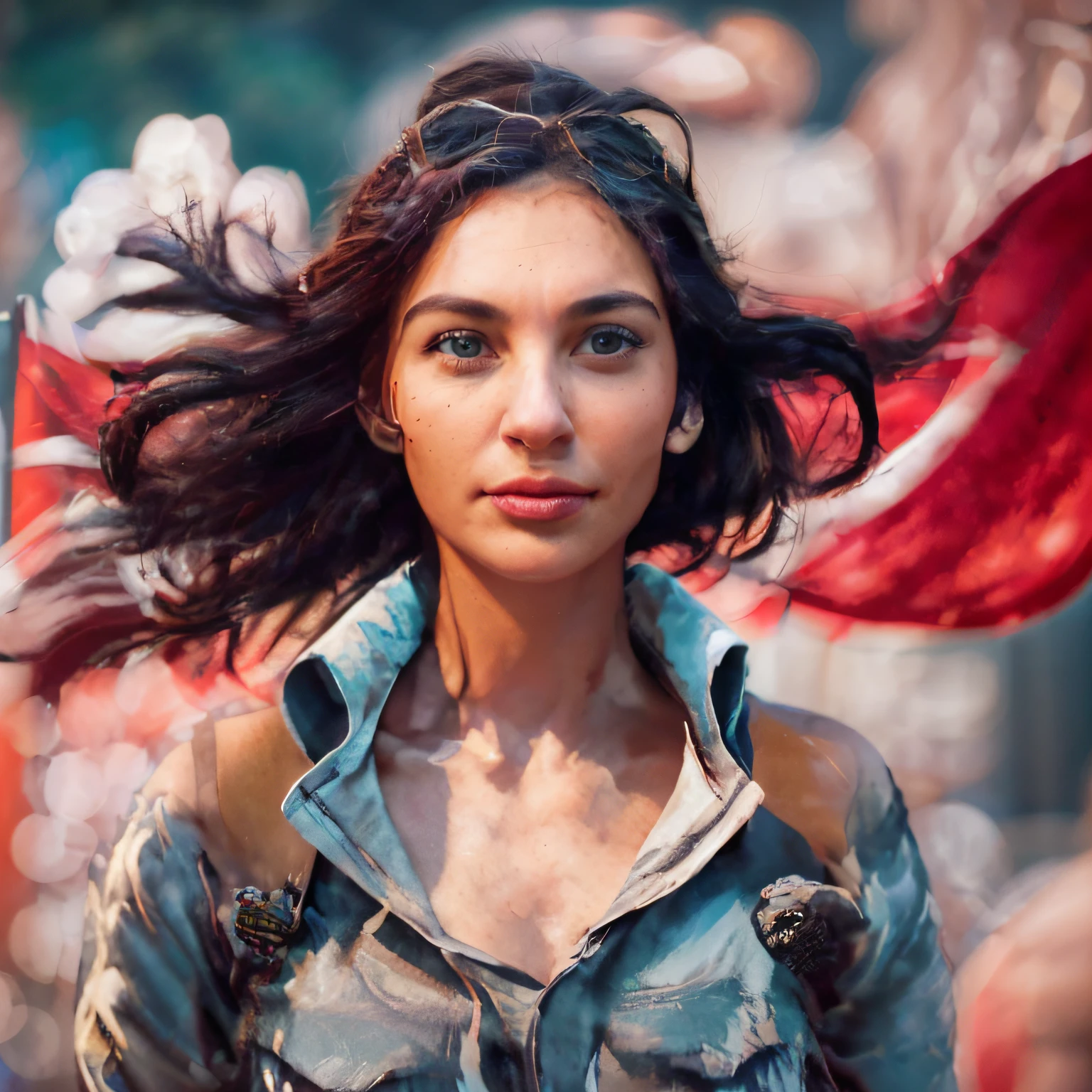 A stunning street photo of a 38-year-old woman, Beautiful with distinctive features. Sie muss lange schwarze Haare haben