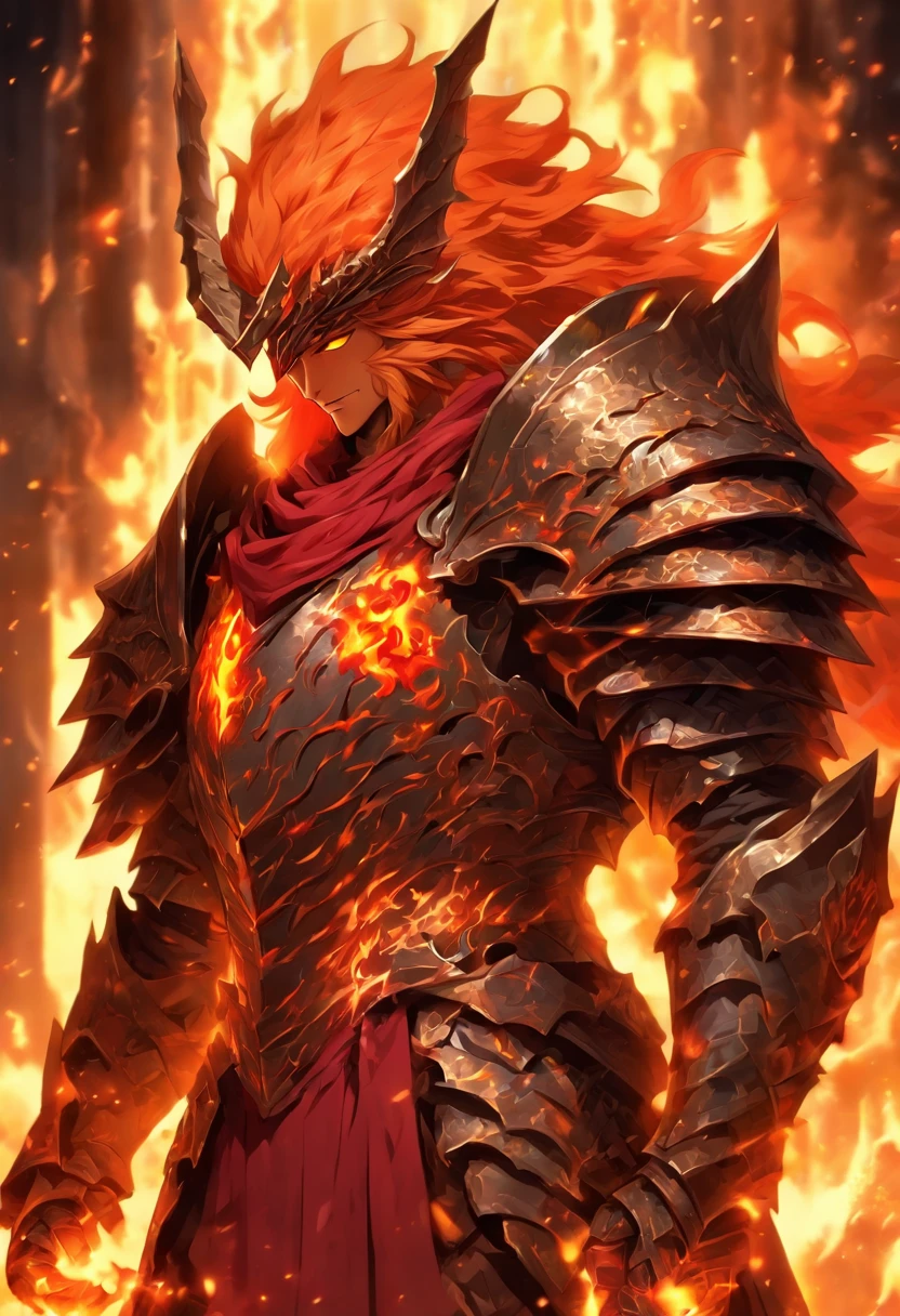Male anime character with long fiery red hair and blond eyes, Character Album Cover, full art, fantasy character, full art illustration, full portrait of elementalist, character profile art, official character art, official character illustration, merlin, high detailed official artwork, Game Keys, otzi, Mobile game art, Mean face, Thorny Armor of Darkness, walking pose, Orange-red arrogance, Flame hell on the background, Full body armor, Dragonborn Knight,Wrapped in a powerful set of armor. The metal plate is decorated with an intricate design,Reminiscent of a flickering flame licked on the surface.