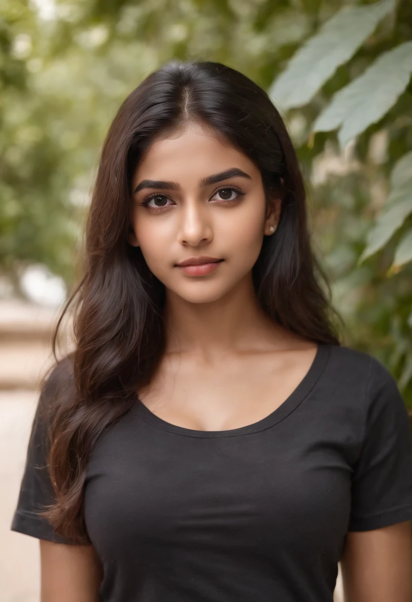 Photo of beautiful Indian 18 year old teen wearing black sports prited t shirt hot cleavage wear jeans shorts