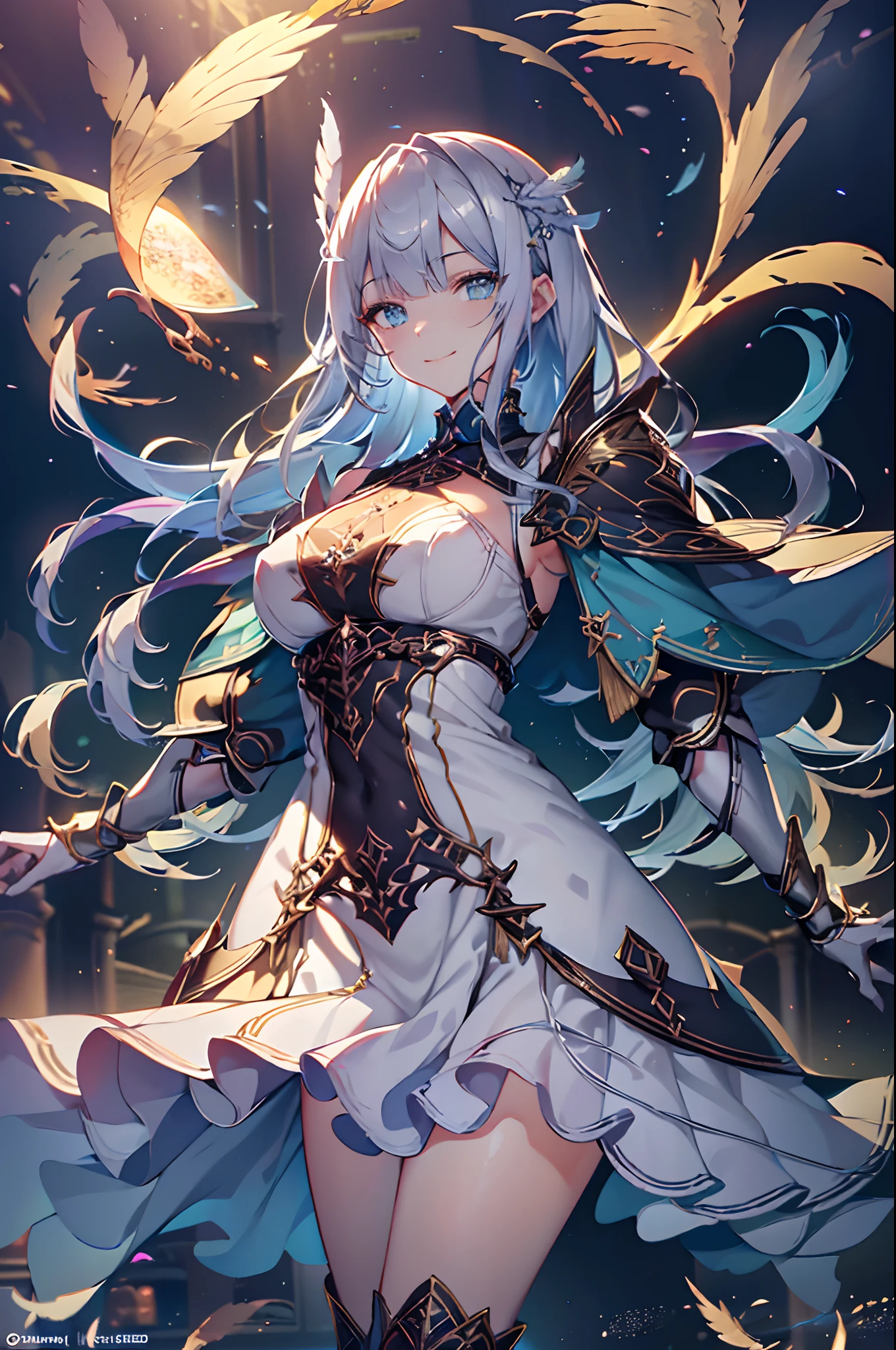 (Official art、Best Quality、Unity 8k Wallpapers、32K、masterpiece、ultra-detailliert、超A high resolution、The best illustrations、Very ridiculous:1.2)、(Cinematic lighting:1.2)、Fireglow effect、film grains、Best Shadows、Rim lighting、side lights、(Ultra-detailed and complex 3D rendering)、Detailed beautiful face and eyes、Sharp pupils、Realistic pupils、A slender、1Man Woman、Medium bust、(Full body:1.2)、 beauitful face、-yeld beiful girl、(super detailed skin、detailed skin textures:1.3)、(silver blond、Blue-silver hair:1.3)、Paladin、Longhaire、Blunt bangs、Green eyes、3 braids in 1 bunch、(Blue Armor、Blue Boots、Blue helmet、Jeweled、Gold embroidery)、A slender、Maxi skirt、(thighs thighs thighs thighs:0.8)、(chies、in a house、Artistic stained glass、Large pipe organ、Hello Point、Mystical、a lot of feathers float、angelicales、Particles of light、solemnity、Sunlight is、colourfull、Fantastical:1.2)、(Fantastical:1.3)、(Holding the Holy Sword:1.0)、Fantastical、Smiling smile