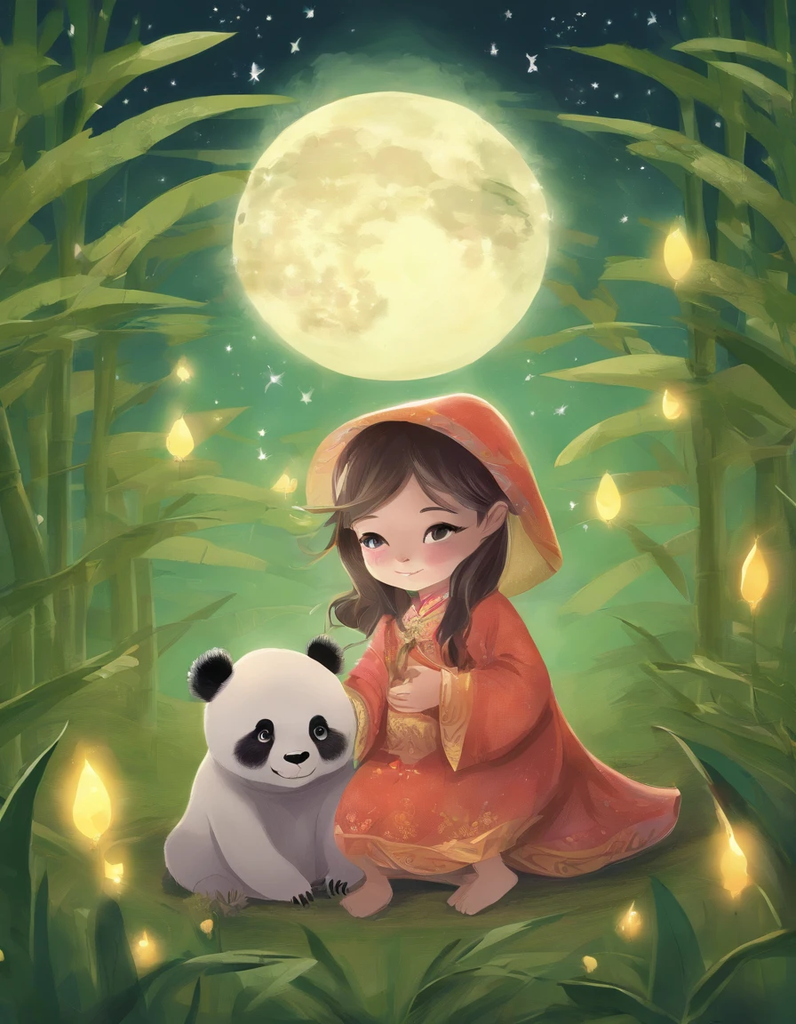 Kids Illustration,Silent Night, Quiet bamboo forest, Bamboo leaves fall in the wind,Cute and cuddly giant panda cub,The pattern around the right eye is a star, the area around the left eye is a cross, fatty.,How to hold bamboo shoots,bamboo shoots,Full moon in the sky, Flying fireflies,((OC rendering))