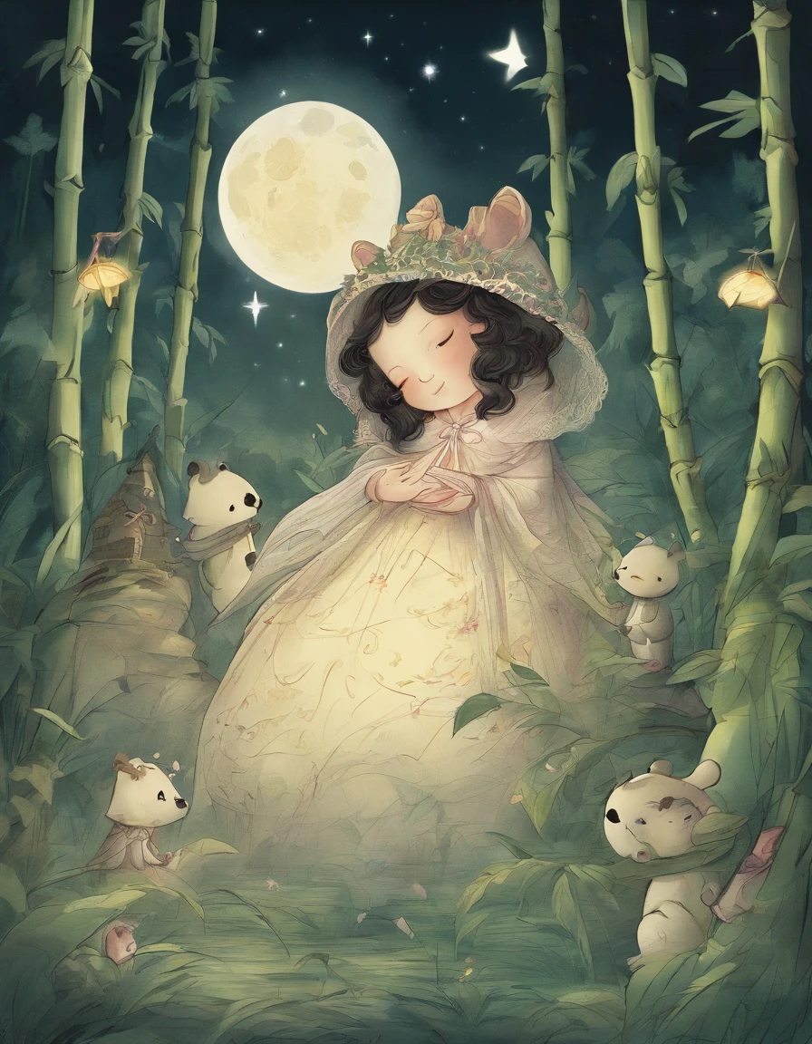 Kids Illustration，Silent Night, Quiet bamboo forest, Bamboo leaves fall in the wind,Cute and cuddly giant panda cub，The pattern around the right eye is a star, the area around the left eye is a cross, fatty.，How to hold bamboo shoots，bamboo shoots，Full moon in the sky, Flying fireflies，（（OC rendering））