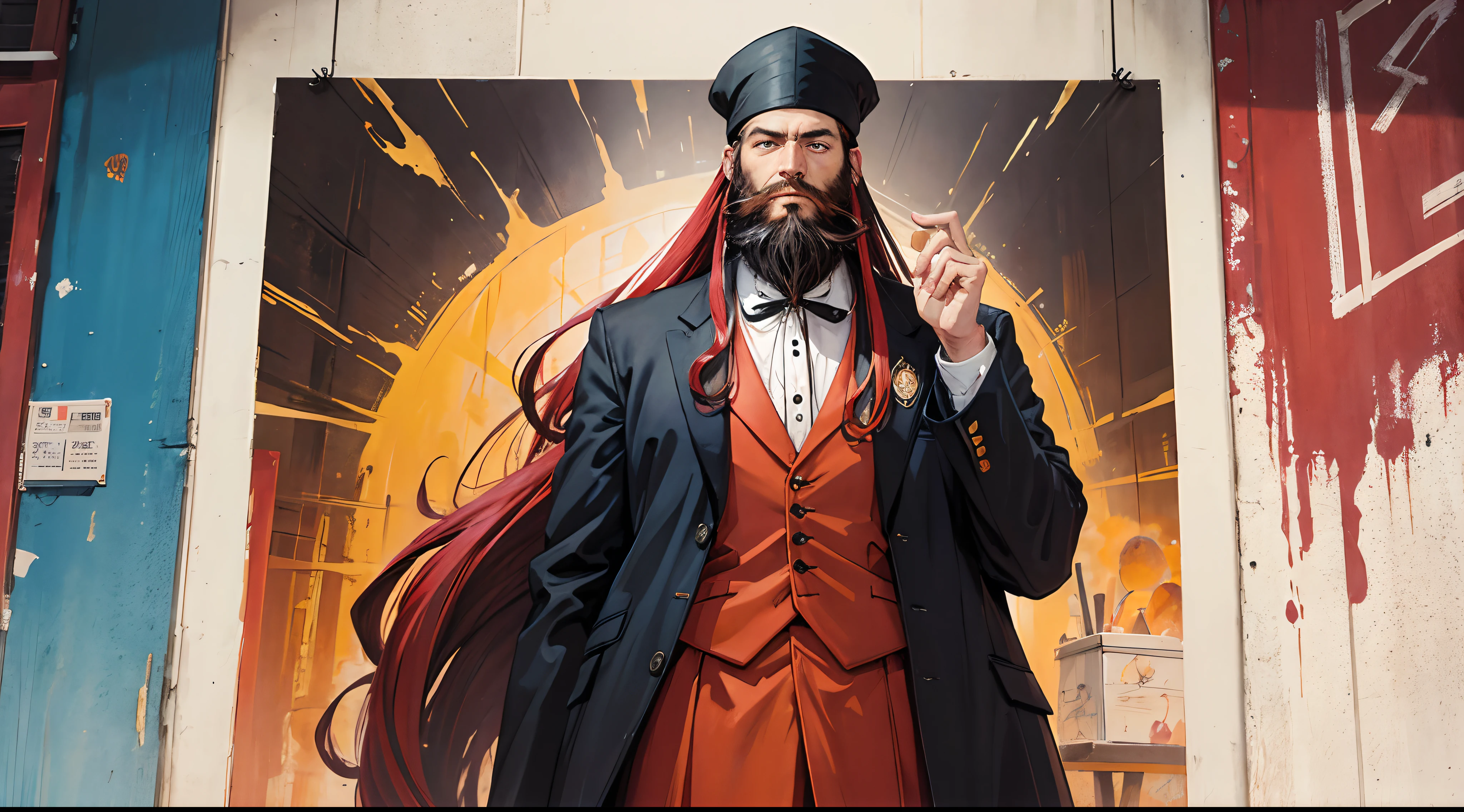 A poster of a  long beard man with dredlock colorful hair, oil painting, wearing a suit,