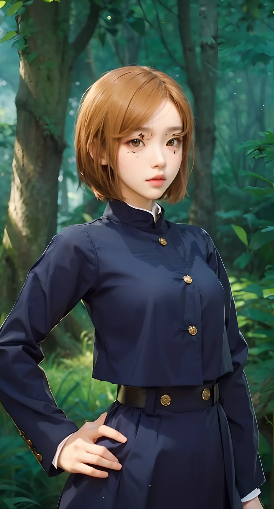 Real life adaption of this character, Korean teen beauty face,looking to viewer,realistic same hairstyle,realistic jungle with many grass background, hyper realistic, realistic light, realistic shadow, realism,(photorealistic:1.2), (realistic same outfit),