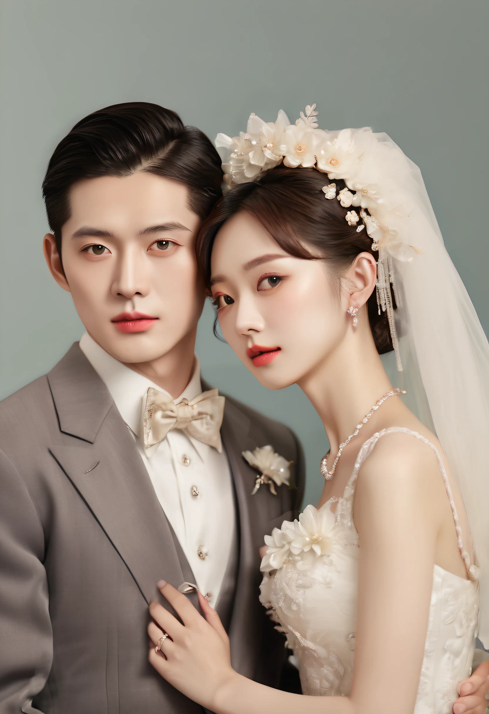 The bride and groom pose in the studio for wedding photos,He looks like the Chinese male star Hugh，This woman looks like Chinese actress Angelababy， Inspired by Howard Chandler Christie's color photographs, Flickr, art-deco, old color photo, vintage color photo, wedding photo，Official artwork, (Best quality,4K,8K,A high resolution,Masterpiece:1.2), Ultra-detailed, (Realistic,Photorealistic,photo-realistic:1.37),