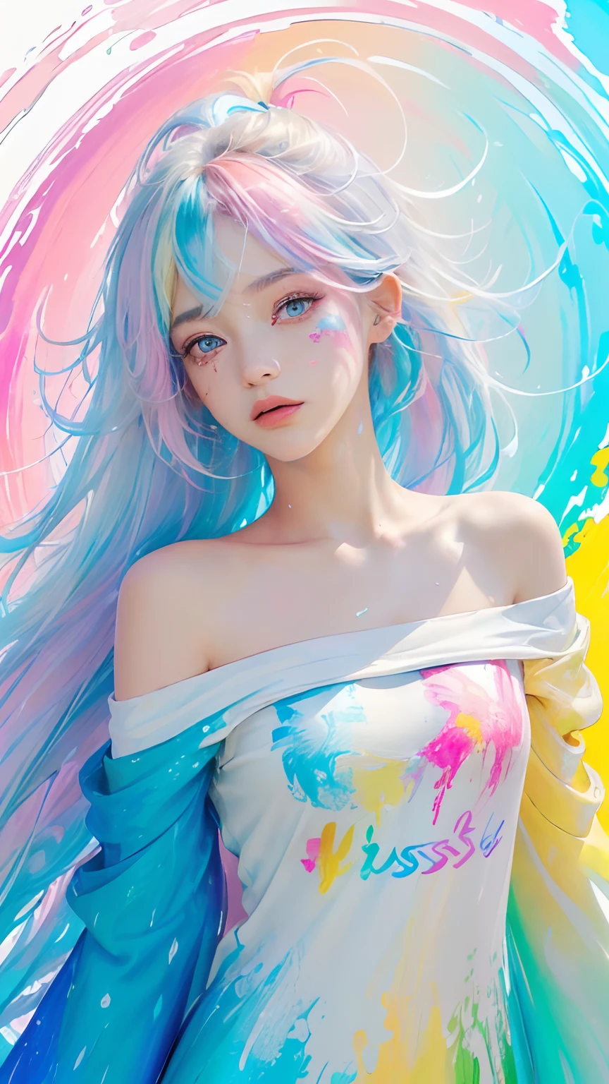 （Pink Fashion T-shirt：1.9），(Colorful hair: 1.8), (all the colours of the rainbow: 1.8),(((((vertical painting：1.6))), （painting：1.6），front, comics, illustrations, paintings, large eyes, crystal clear eyes,（ rainbow color gradient high ponytail：1.7）, exquisite makeup, closed mouth,(Small Fresh: 1.5),(Wipe Chest: 1.6) ，long eyelashes, white off shoulder T-shirt,  White Shoulder Shirt，looking at the audience, large watery eyes, (rainbow colored hair：1.6), color splash, （solo：1.8）, color splash, color explosion, thick paint style, messy lines, ((shining))，(colorful), (colorful), (colorful), colorful, Thick Paint Style, (Splash) (Color Splash), Vertical Painting, Upper Body, Paint Splash, Acrylic Pigment, Gradient, Paint, Highest Image Quality, Highest Quality, Masterpiece, Solo, Depth of Field, Face Paint,  colorful clothes, (Elegant: 1.2), gorgeous,long hair, wind, (Elegant: 1.3), (Petals: 1.4)，(((masterpiece))),(((best quality))),((ultra-detailed)),(illustration),(dynamic angle),((floating)),(paint),((disheveled hair)),(solo),(1girl) , (((detailed anima face))),((beautiful detailed face)),collar,bare shoulders,white hair, ((colorful hair)),((streaked hair)),beautiful detailed eyes,(Gradient color eyes),(((colorful eyes))),(((colorful background))),(((high saturation))),(((surrounded by colorful splashes))),