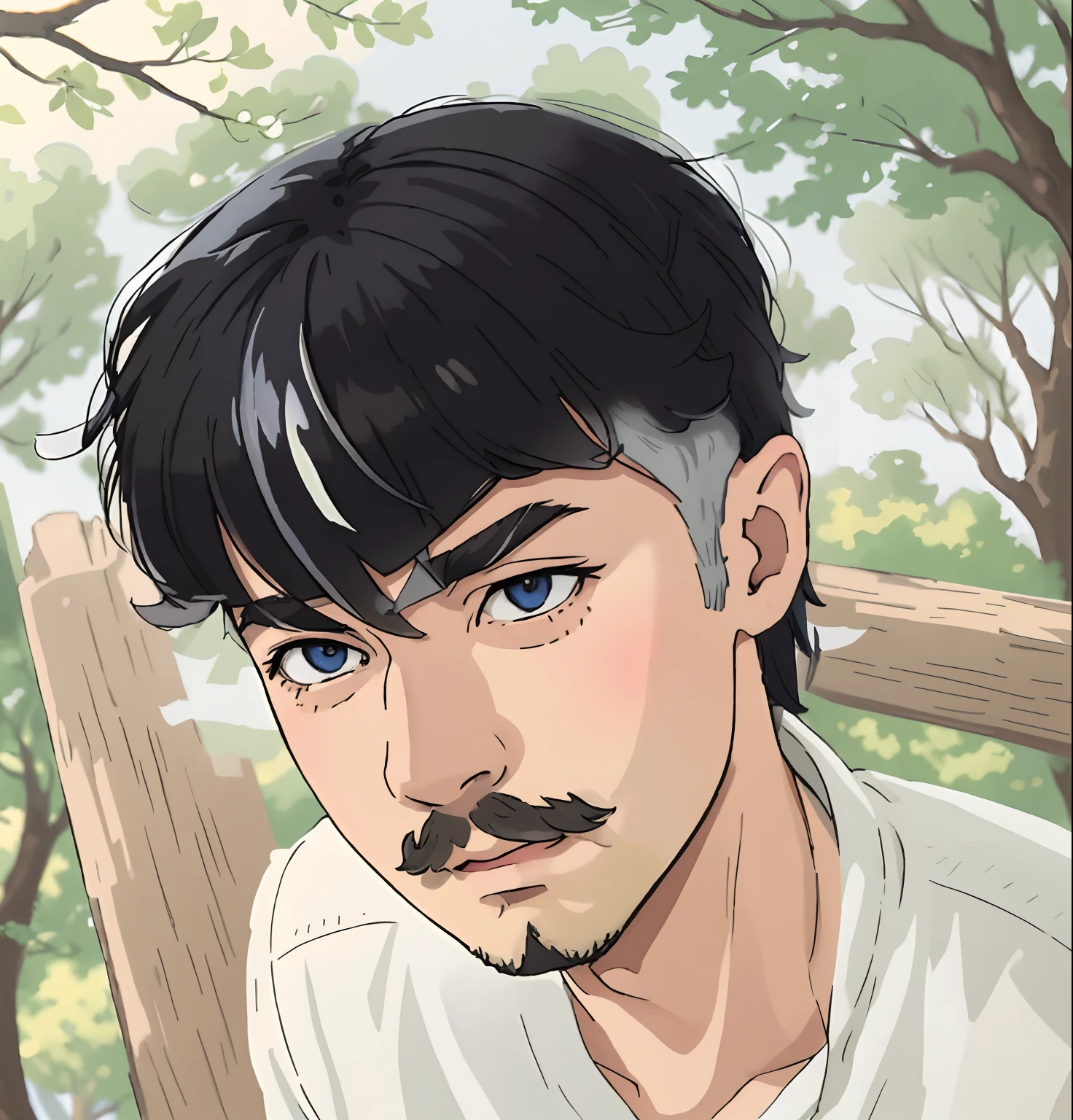 (anime style:1.2),man, light mustache, black hair, youthful appearance,intense gaze,stylish outfit,subtle smile,vibrant colors,sunlight filtering through trees,soft lighting,meticulous details,expressive eyes,detailed shading,anime-style hair,cool and confident pose,artistic background,tastefully blurred foreground