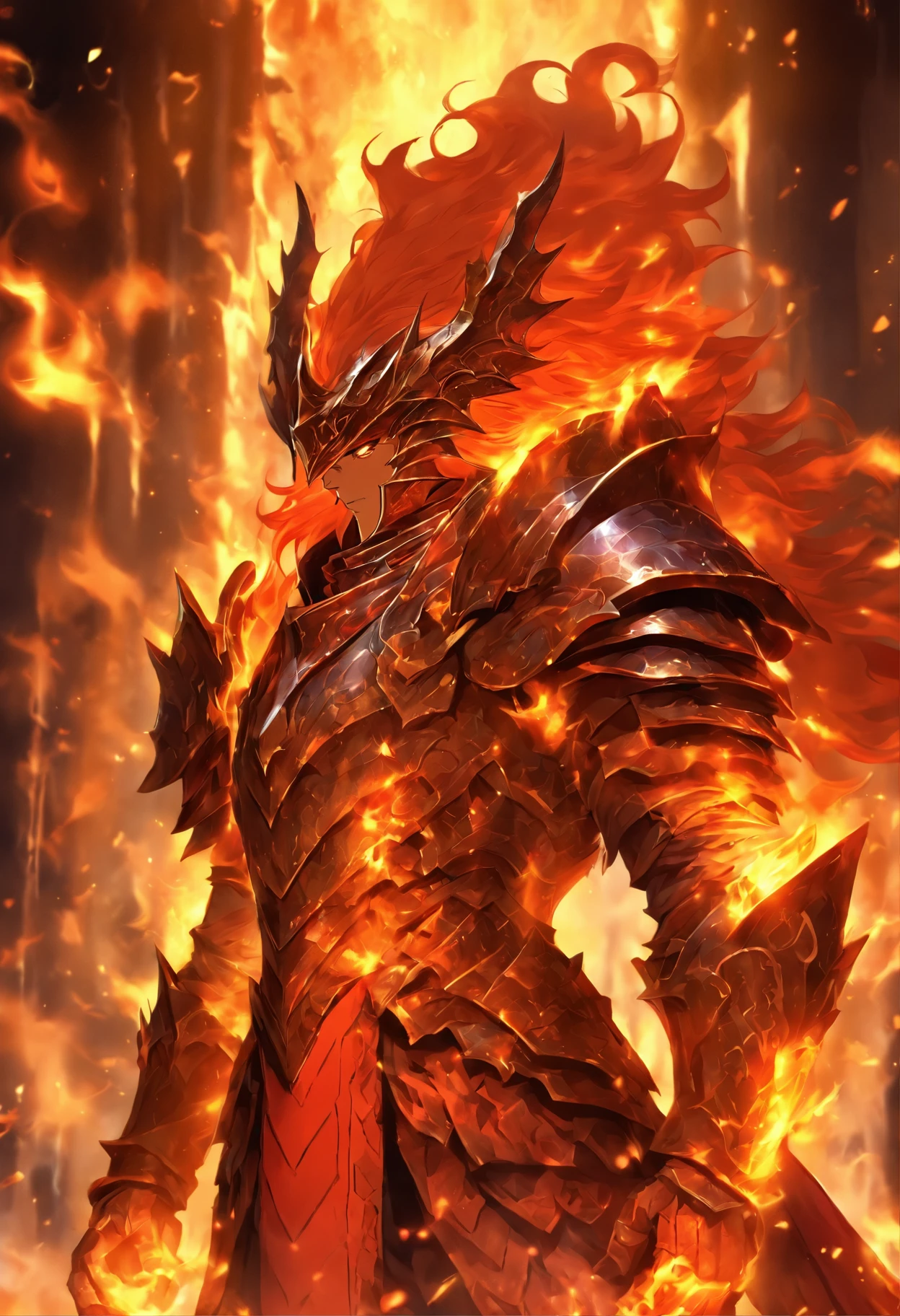 Male anime character with long fiery red hair and blond eyes, Character Album Cover, full art, fantasy character, full art illustration, full portrait of elementalist, character profile art, official character art, official character illustration, merlin, high detailed official artwork, Game Keys, otzi, Mobile game art, Mean face, Thorny Armor of Darkness, walking pose, Orange-red arrogance, Flame hell on the background, Full body armor, Dragonborn Knight,Wrapped in a powerful set of armor. The metal plate is decorated with an intricate design,Reminiscent of a flickering flame licked on the surface.