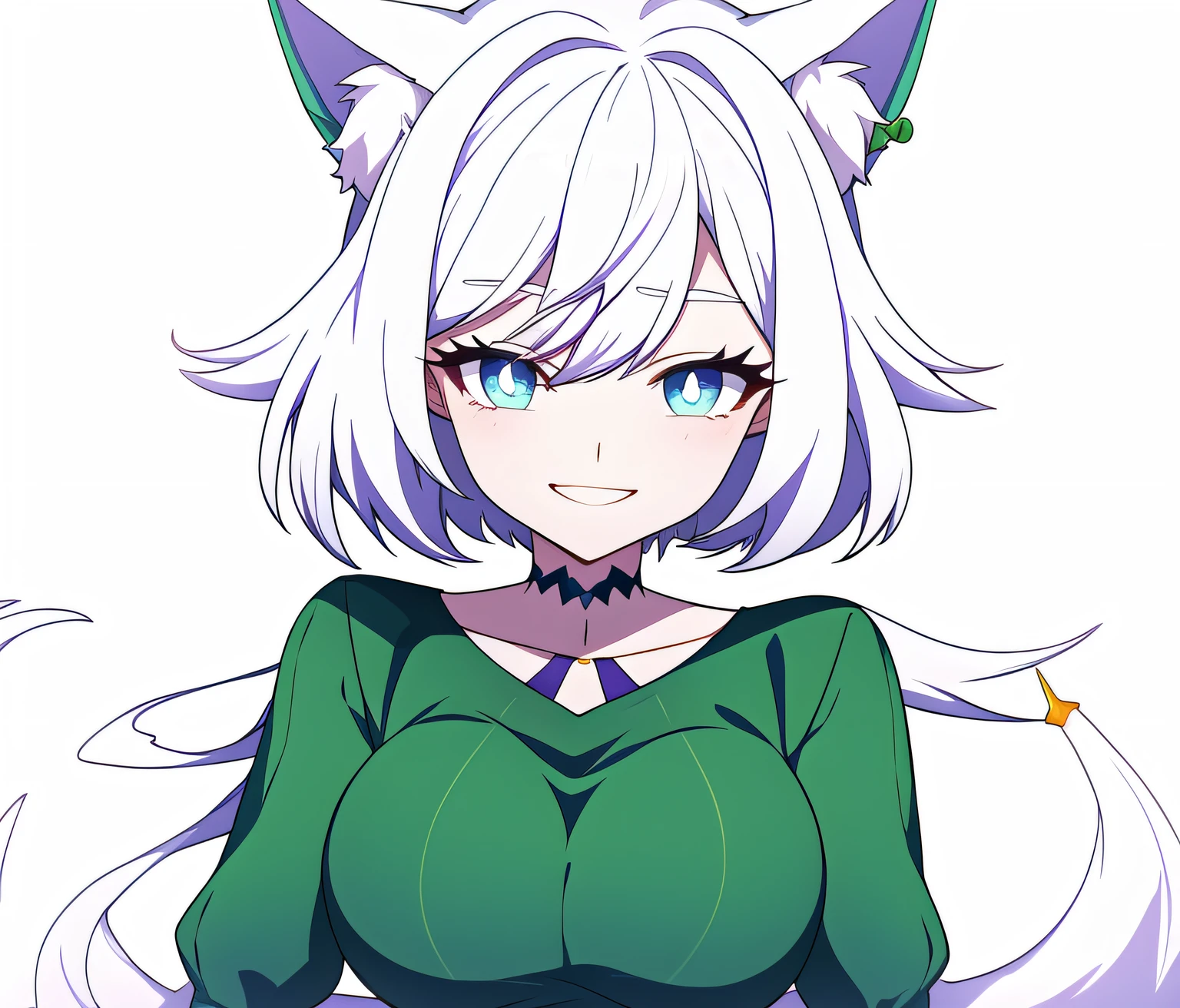 Cartoon drawing of a woman with white hair and a green sweater, [[[[sonriendo malvado]]]], Hembra Fursona, Chica de anime con cabello verde azulado, Anime Catgirl, Fursona!!!!, zorro blanco de pelo, Holo es una chica lobo, Fursona con ropa elegante, Chica anime con orejas de gato, en un estilo anime, unknown artstyle