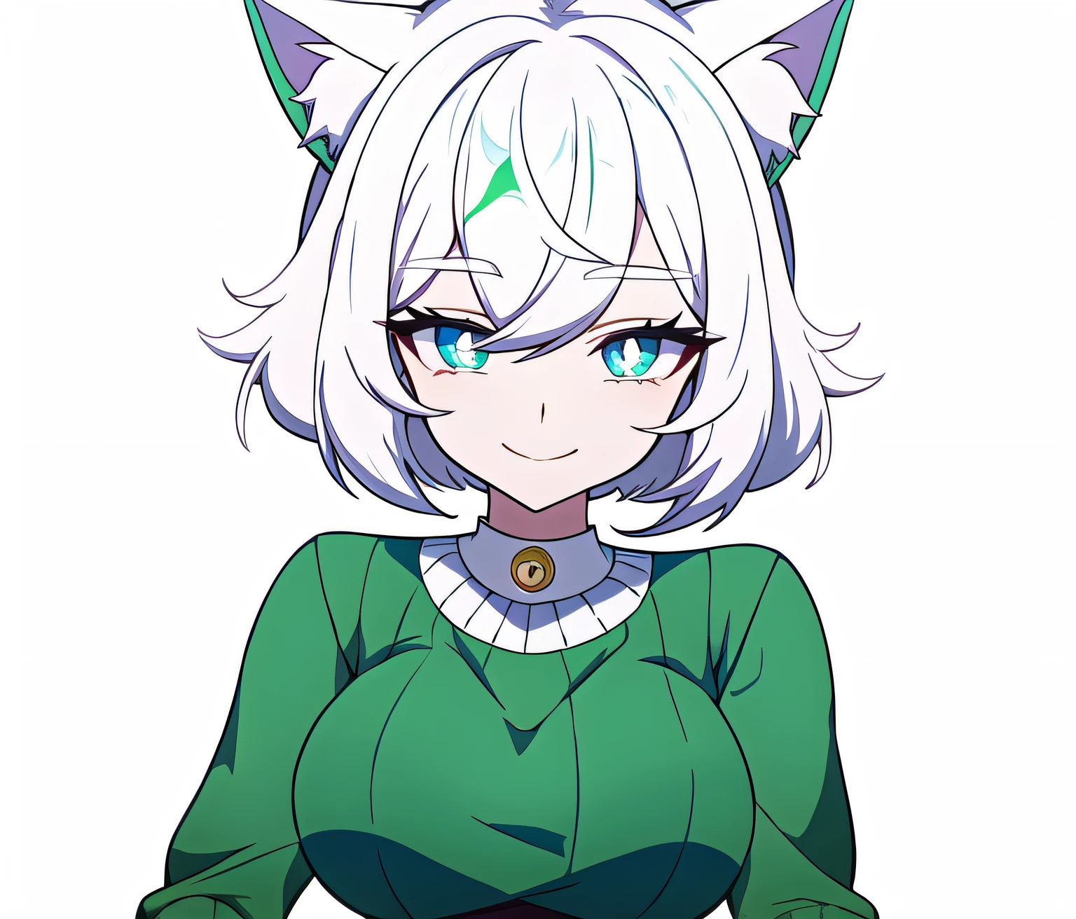 Cartoon drawing of a woman with white hair and a green sweater, [[[[sonriendo malvado]]]], Hembra Fursona, Chica de anime con cabello verde azulado, Anime Catgirl, Fursona!!!!, zorro blanco de pelo, Holo es una chica lobo, Fursona con ropa elegante, Chica anime con orejas de gato, en un estilo anime, unknown artstyle