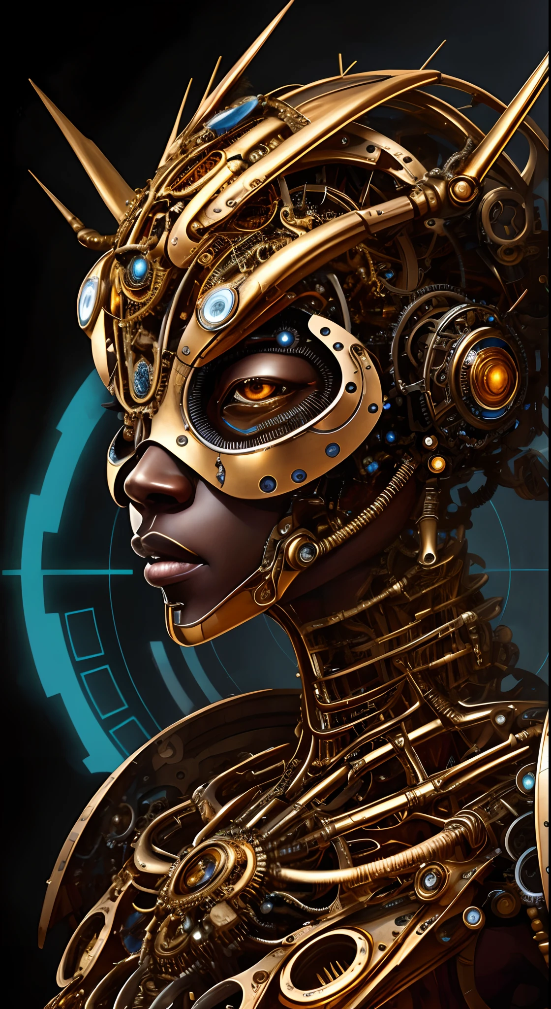 Artwork in the style of Vladimir Kush, WLOP and James Jean highly detailed and intricate portrayal of a mechanical or cybernetic face, likely inspired by steampunk and futuristic themes. The face, appears, African features, metallic and mechanical components, gold