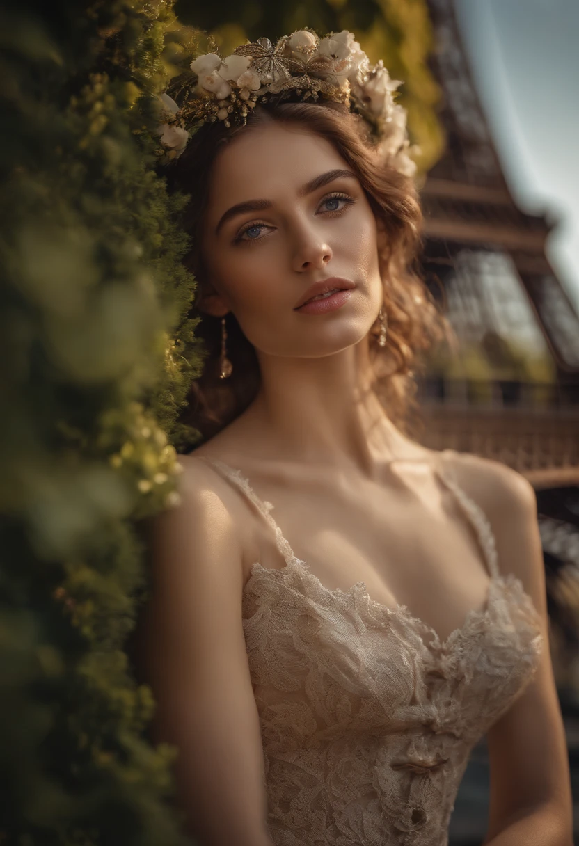 RAW, analog, Nikon Z 85mm, award winning glamour photograph,((best quality)), ((masterpiece)), ((realistic)), 18th century, vintage image, gorgeous French woman wearing, lace dress and corset, wearing a crown, 25 year old, (long brown hair), hazel eyes, small perky breasts, sitting outside at a Paris caf, eiffel tower in background, petite, ((small breasts)), innocent, flower pedals in the air, ((freckles)), intricate details, highly detailed, sharp focus, professional, 4k, spring flowers blooming, god rays, hand model, stunning blue eyes, petite, delicate, innocent,highres, detailed facial features, high detail, sharp focus, smooth, aesthetic, extremely detailed, photo_\(ultra\), photorealistic, realistic, post-processing, max detail, roughness, real life, ultra realistic, photorealism, photography, 8k uhd, photography, SEMI-SILHOUETTE light, russian face