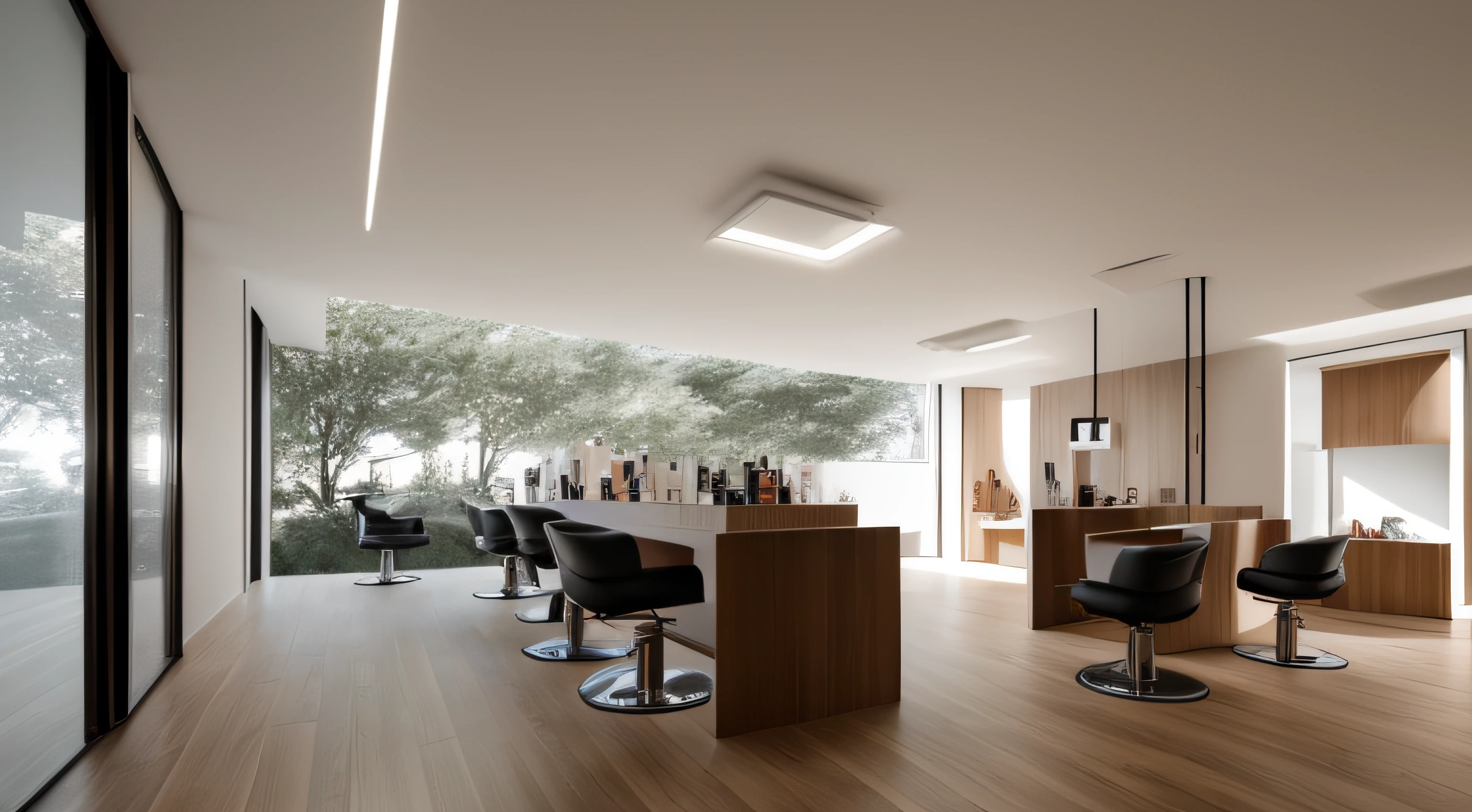 A interior of women's Beauty and hair salon, minimal design. without any direct sunlight or daylight effect no sun, no daylight. From the point of view 1/3 top of picture, high ceiling