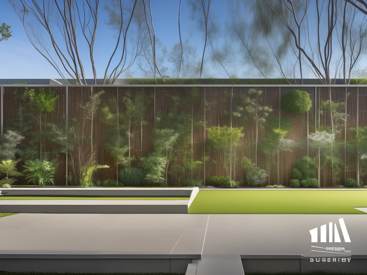 Full of design,A fence with a grid on the surface,Vibrant greenery outside the fence, manicured solarpunk greenery